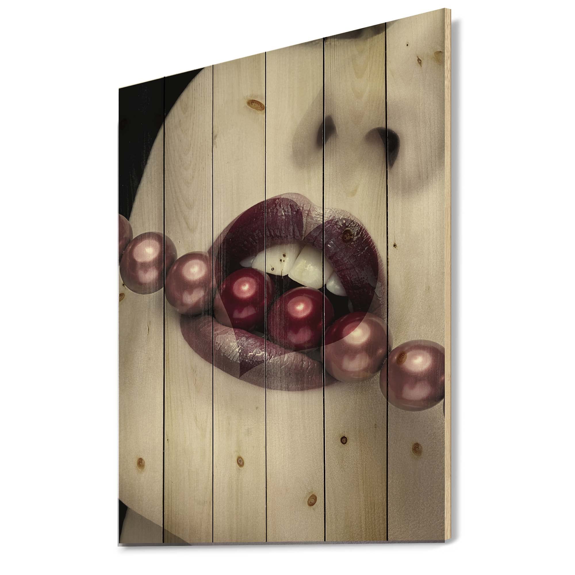 Heart Pearl Lips Wood Wall Art - Purple Contemporary Decor for Living Room