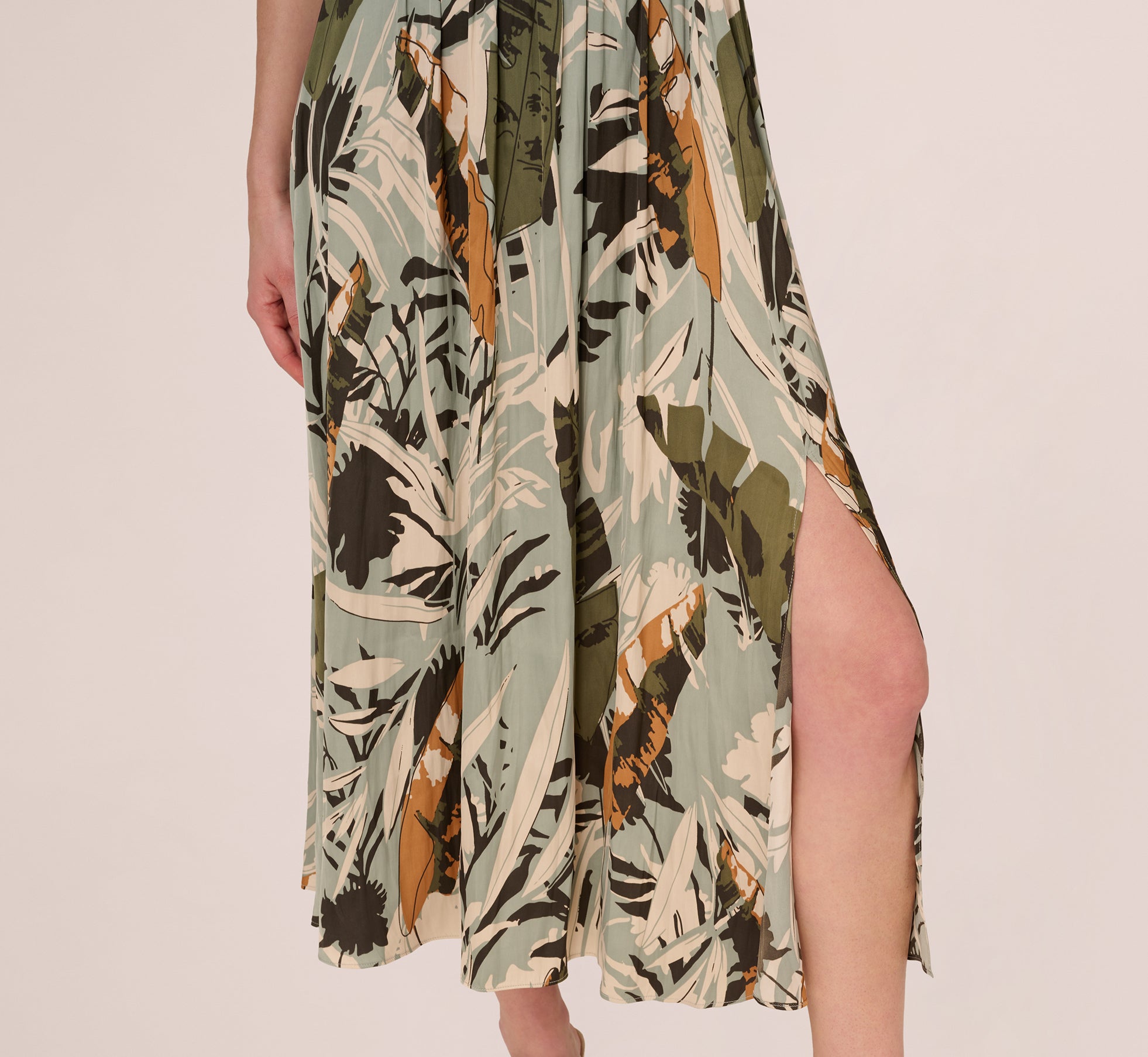 Printed Side Slit A-Line Midi Skirt in Dusty Seamist Abstract Palm - Women's Flowy Summer Skirt for Beach, Vacation & Casual Outfits