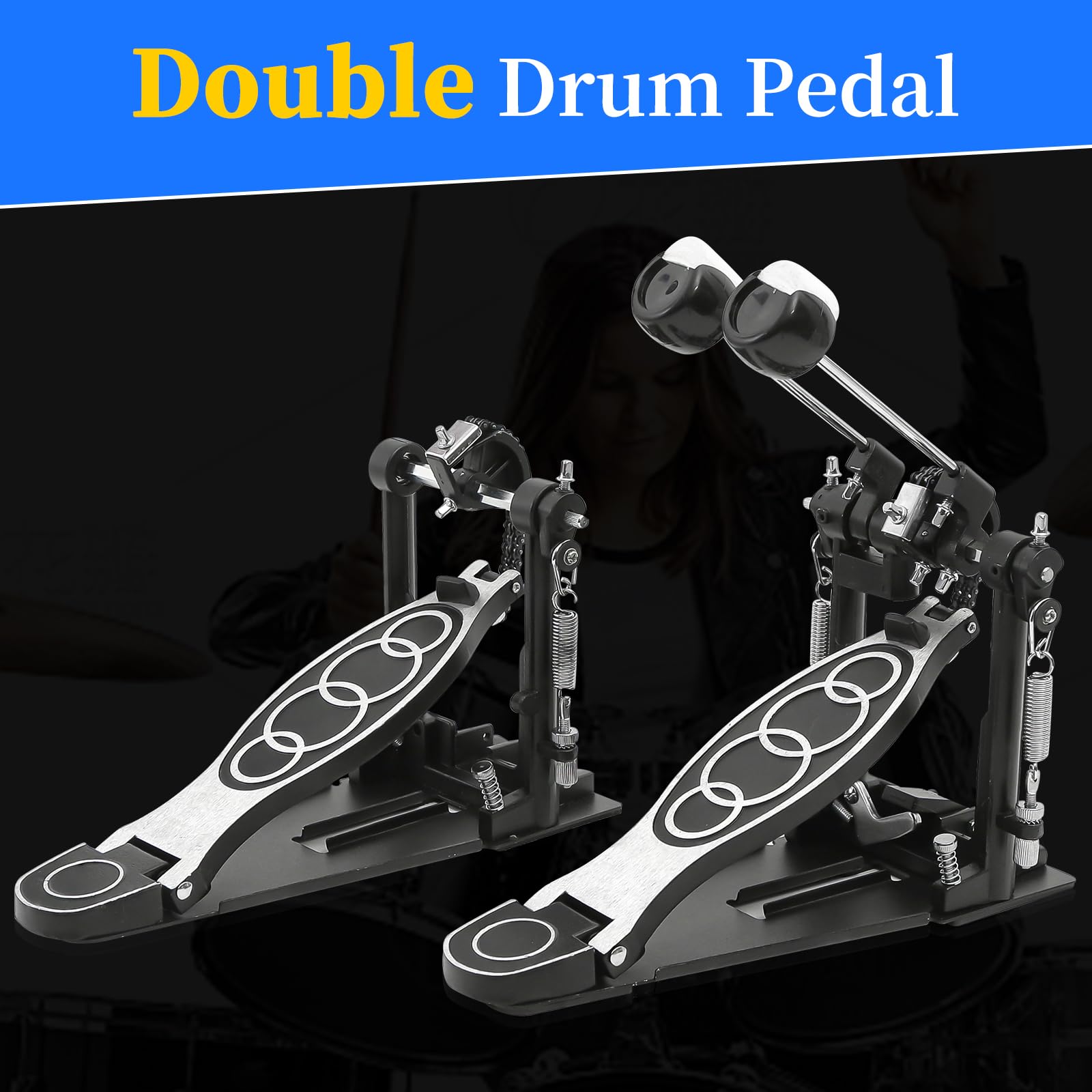 Double Bass Drum Pedal - Adjustable Beater Head & Chain Drive Kick Pedal with Drum Key | Perfect for Drum Sets & Electronic Drums | Stage Performances & Home Practice