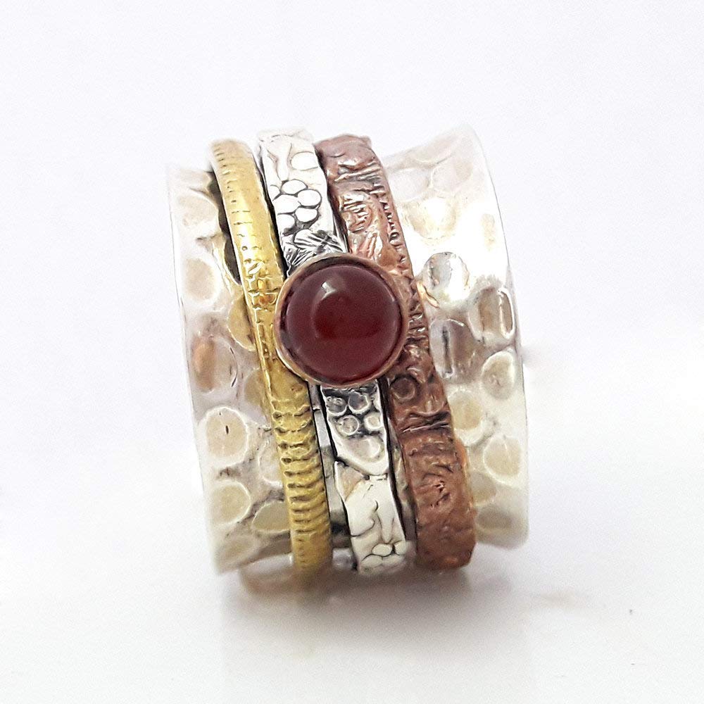 Hammered Meditation Spinner Ring for Anxiety Relief - Sterling Silver Red Onyx Gemstone Boho Chunky Textured Ring | Handmade Stress Relief Jewelry Gift for Women & Men | Perfect for Yoga, Mindfulness & Daily Wear
