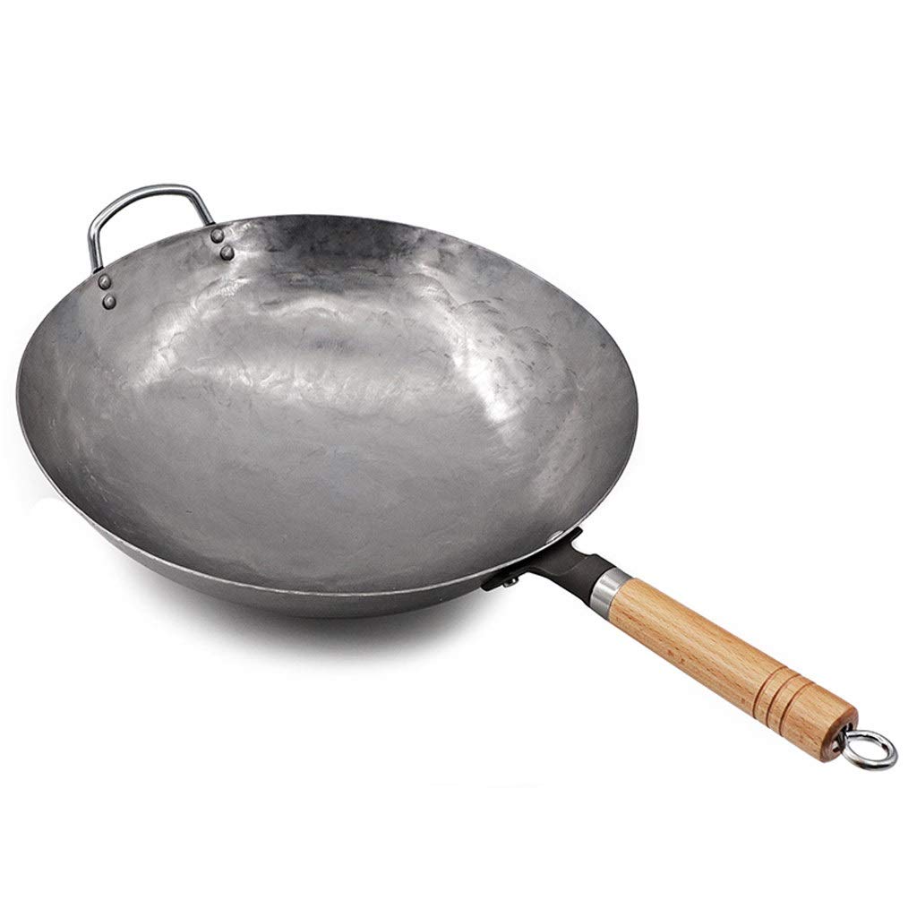 Premium Carbon Steel Pow Wok - Traditional Hand-Hammered Wok Pan with Wooden & Steel Helper Handle, Round Bottom - Perfect for Stir-Frying, Deep Frying & Asian Cooking