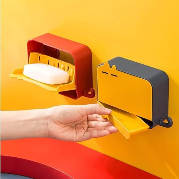 GNOLY Wall Mounted Plastic Soap Dish with Lid - Bathroom Soap Holder & Storage Box for Shower, Sink, and Kitchen Counter