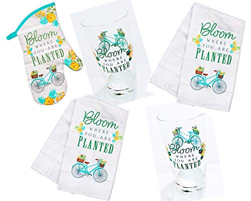 SL2U 5-Piece Linen Towel Set with 2 Kitchen Towels, Oven Mitt & 2 Matching Glasses - Floral Bicycle Spring Theme Kitchen Decor for Home, Dining & Gift Giving
