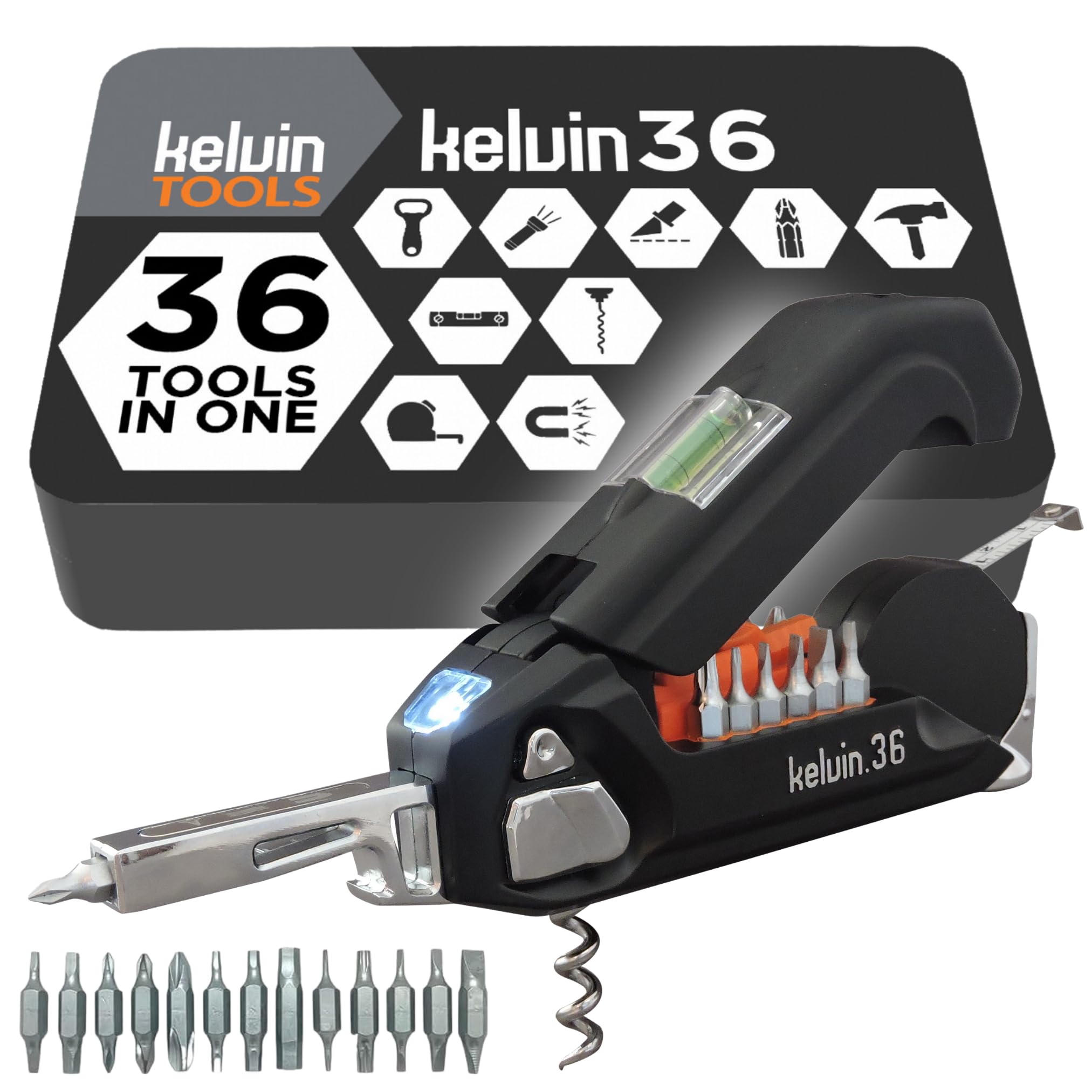 **Kelvin Tools K-36 Multi-Tool Set - 36-in-1 Professional Tool Kit with 26 Bit Screwdriver, Tape Measure & Corkscrew (Black) - Perfect for Home Repairs, Camping, and DIY Projects**