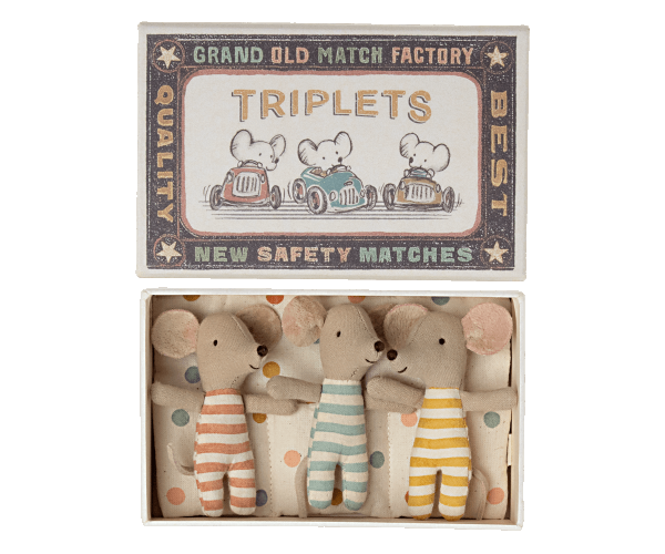 Maileg Baby Mice Triplets in Matchbox - Adorable Miniature Toy Mice for Kids - Perfect for Pretend Play, Dollhouse Decor & Gift Giving