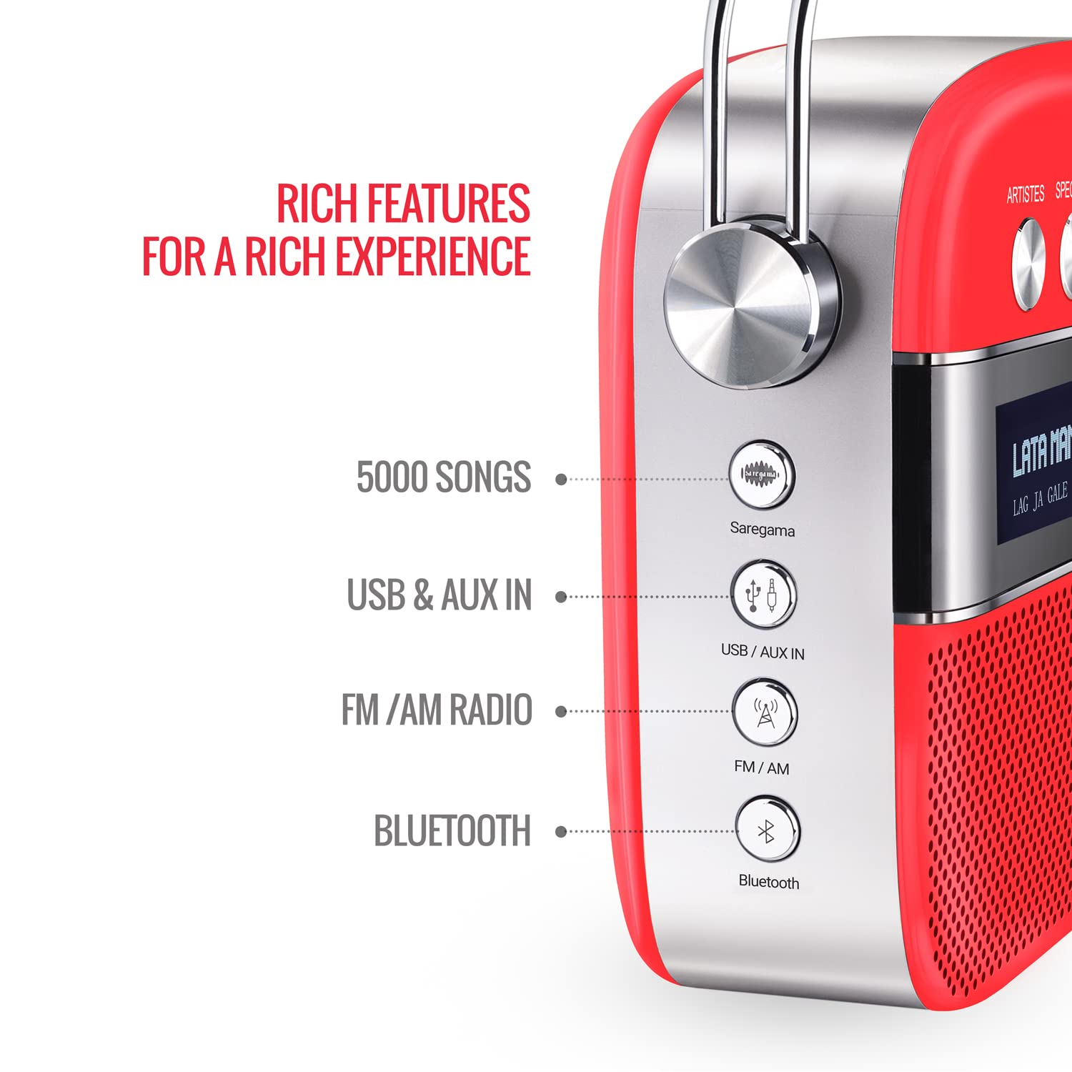Saregama Carvaan Premium Hindi Portable Music Player - 5000 Preloaded Songs, FM/Bluetooth/AUX, Coral Pink | Perfect for Home, Travel & Gifts