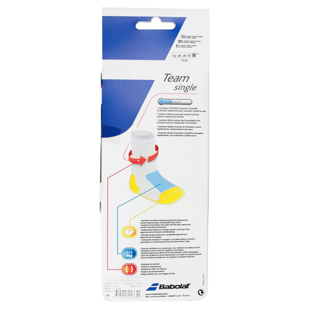 Babolat Team Single Socks with CoolMax Technology - Moisture Wicking Athletic Socks for Tennis & Badminton Players (White) - Perfect for Court Sports & Training Sessions