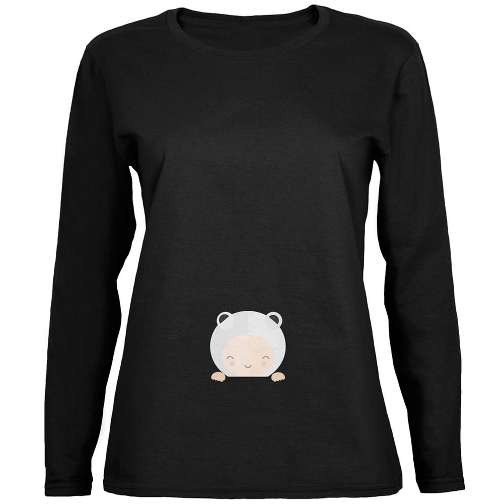 Polar Bear Cub Baby Black Women's Long Sleeve T-Shirt - Soft Cotton Casual Tee for Everyday Wear, Winter Outfits & Cute Animal Lovers