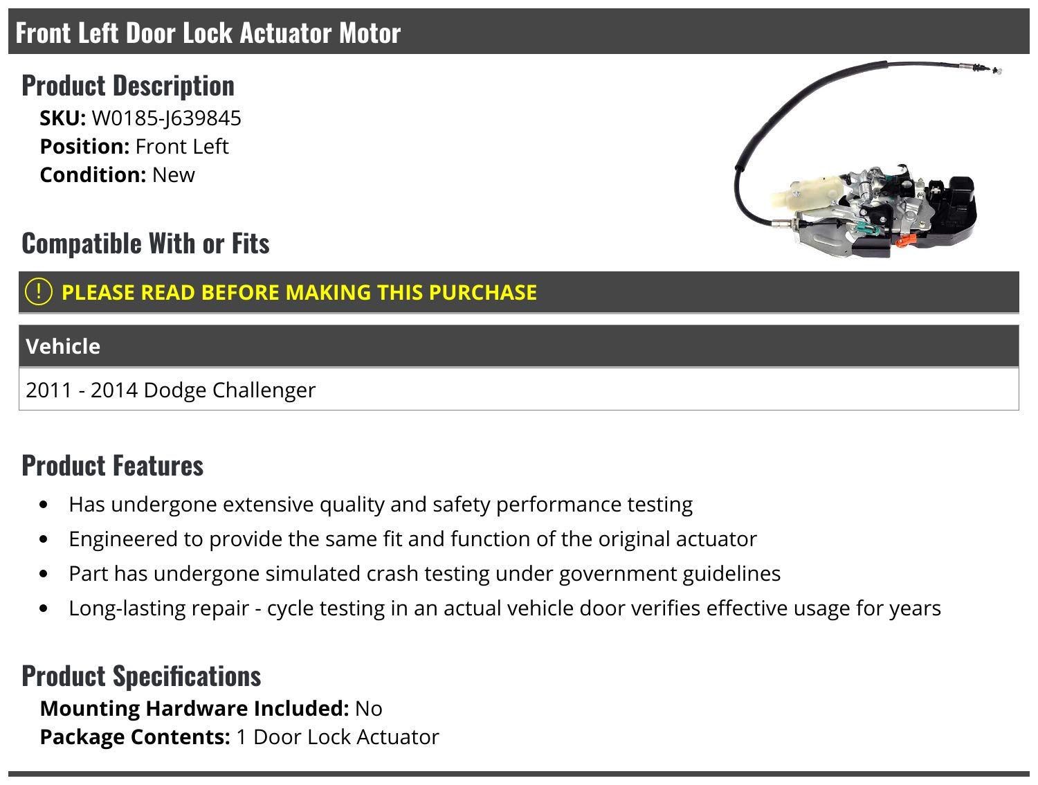 2011-2014 Dodge Challenger Front Left Driver Side Door Lock Actuator Motor - Replacement Part for Power Locks - Easy DIY Installation for Car Door Repair & Maintenance