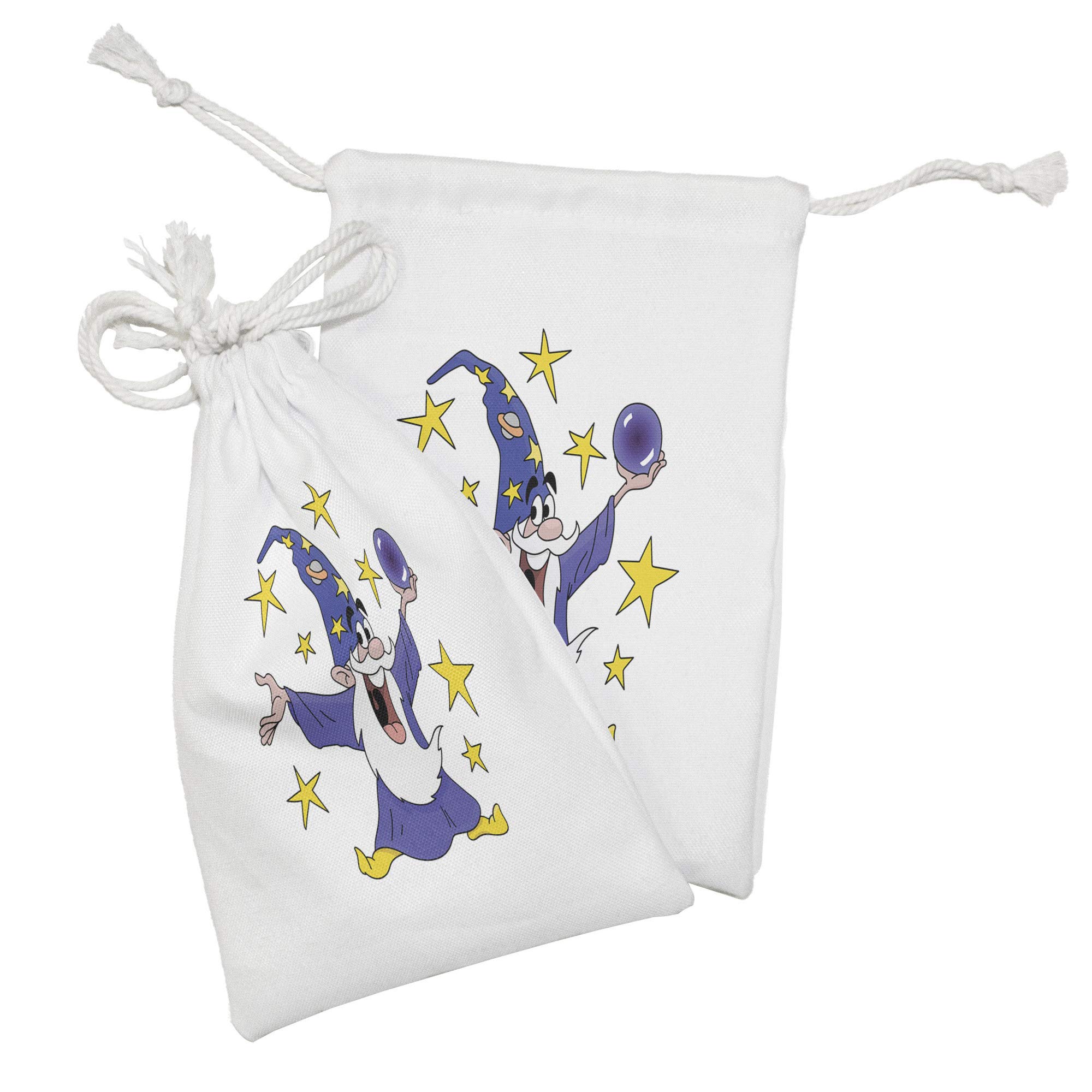 Ambesonne 2-Pack Magician Fabric Pouches - Funny Wizard Character with Starry Hat & Crystal Ball Drawstring Bags (9