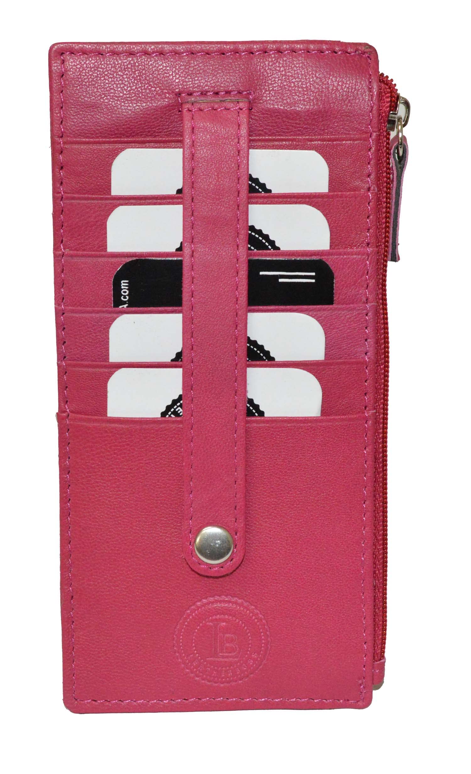 Genuine Leather Women's Slim Wallet - Card Holder with Zipper for Business & Travel (Pink)