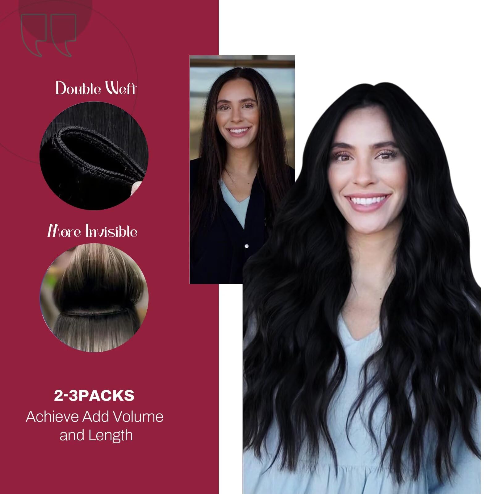 Vivien Black 22 Inch Remy Human Hair Extensions - 100G Double Weft Sew-in Weft Bundles (Jet Black #1) for Natural Volume & Length | Perfect for Daily Styling, Special Occasions & Protective Hairstyles