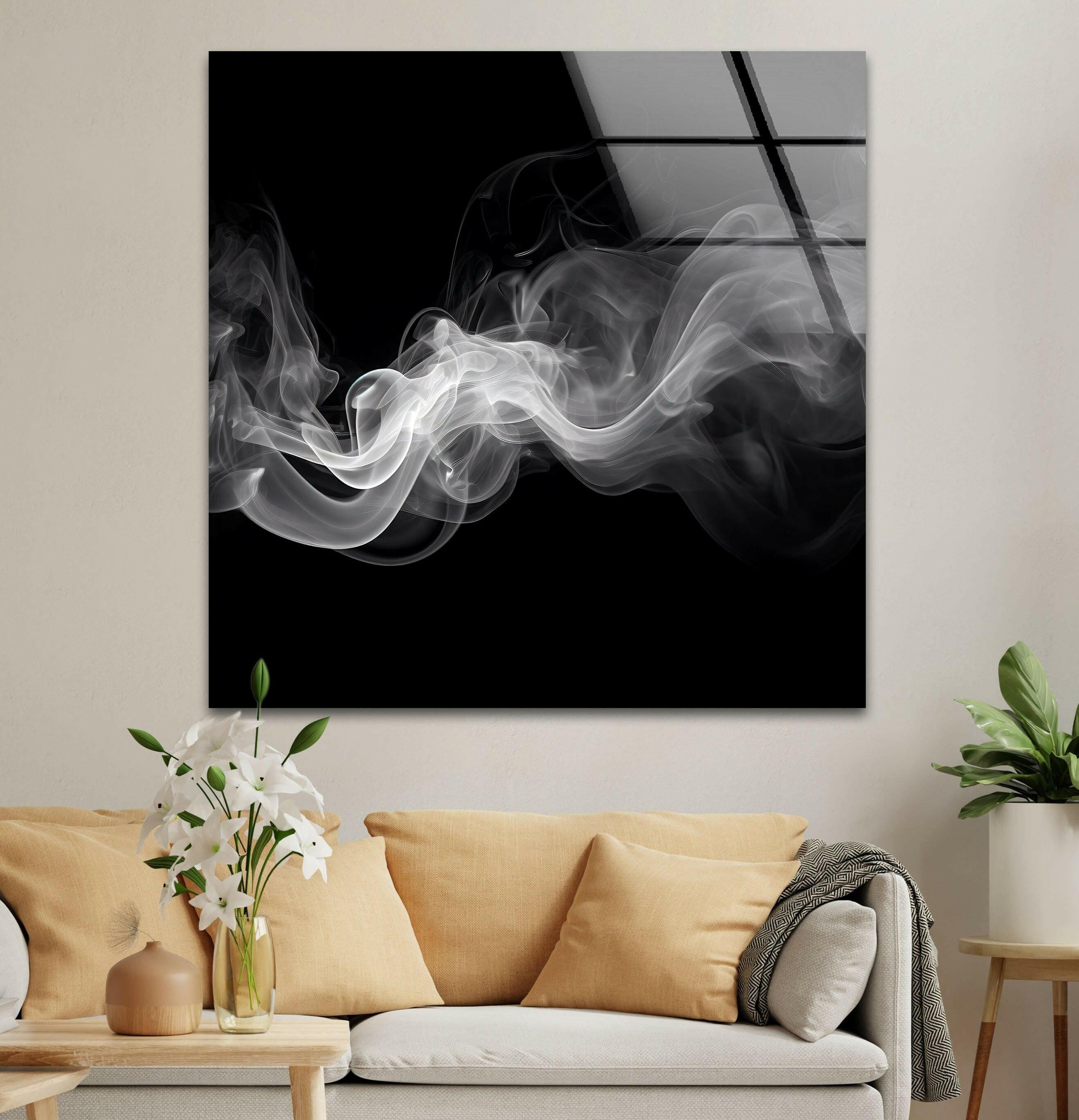 Black and White Smoke Glass Wall Art - Modern Abstract Home Decor for Living Room, Bedroom & Office - Elegant Glass Panel Artwork for Stylish Interior Design