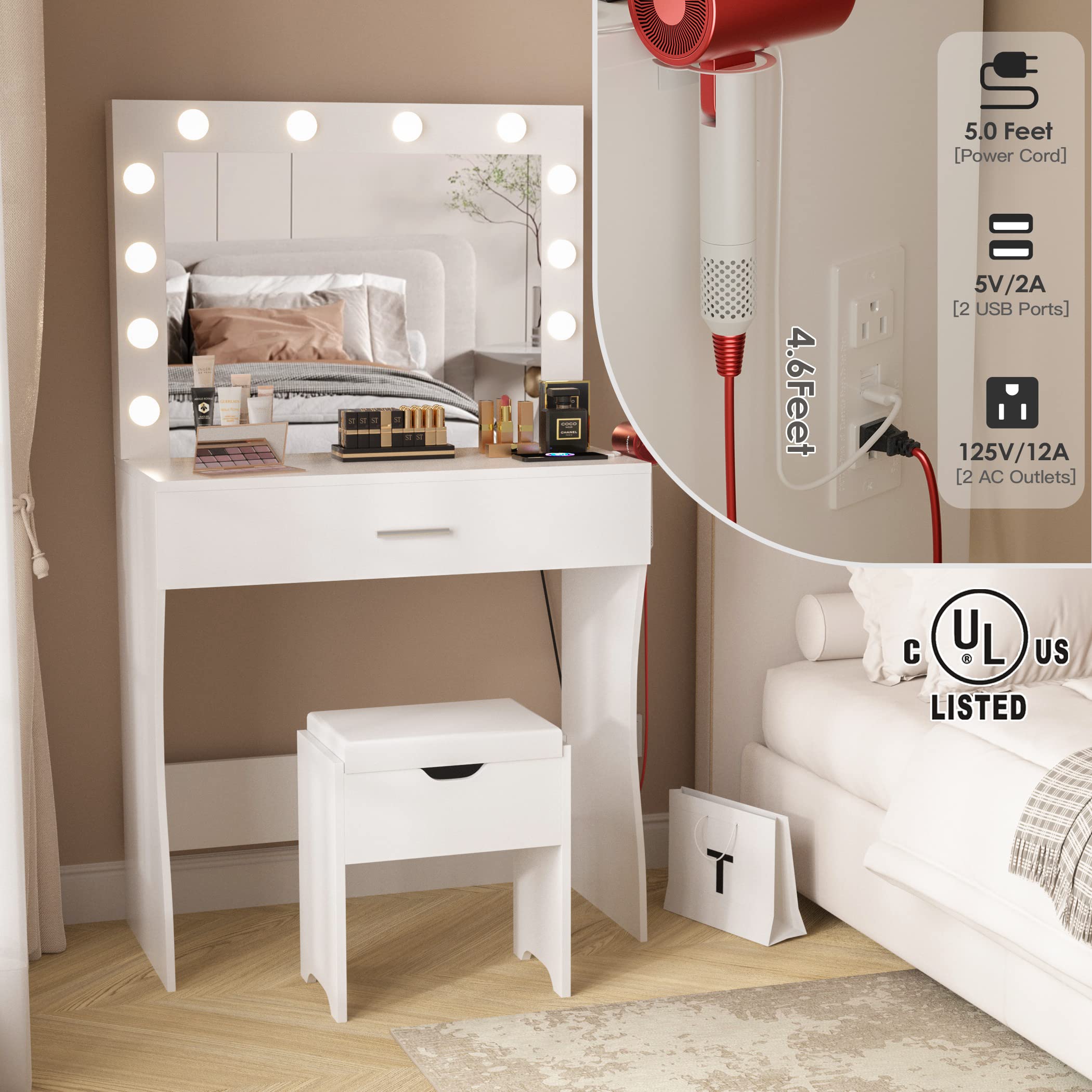 White Makeup Vanity Desk with LED Lights & Charging Station - 3 Color Modes, Large Mirror & Storage Stool - Perfect Dressing Table for Bedroom, Beauty Room & Home Salon