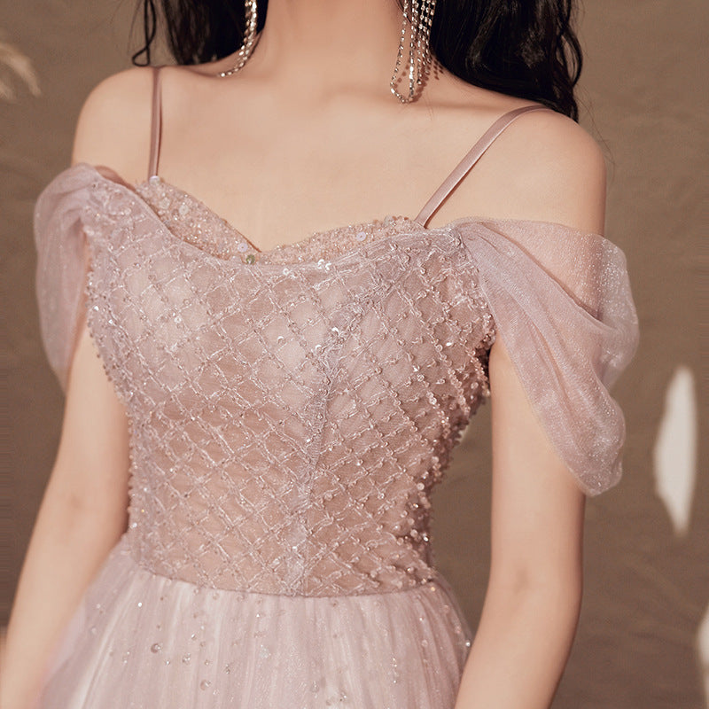Sweet Pink Off Shoulder Shiny Prom Dress - A-Line Formal Evening Party Gown 606 | Elegant Homecoming, Quinceañera & Special Occasion Dress