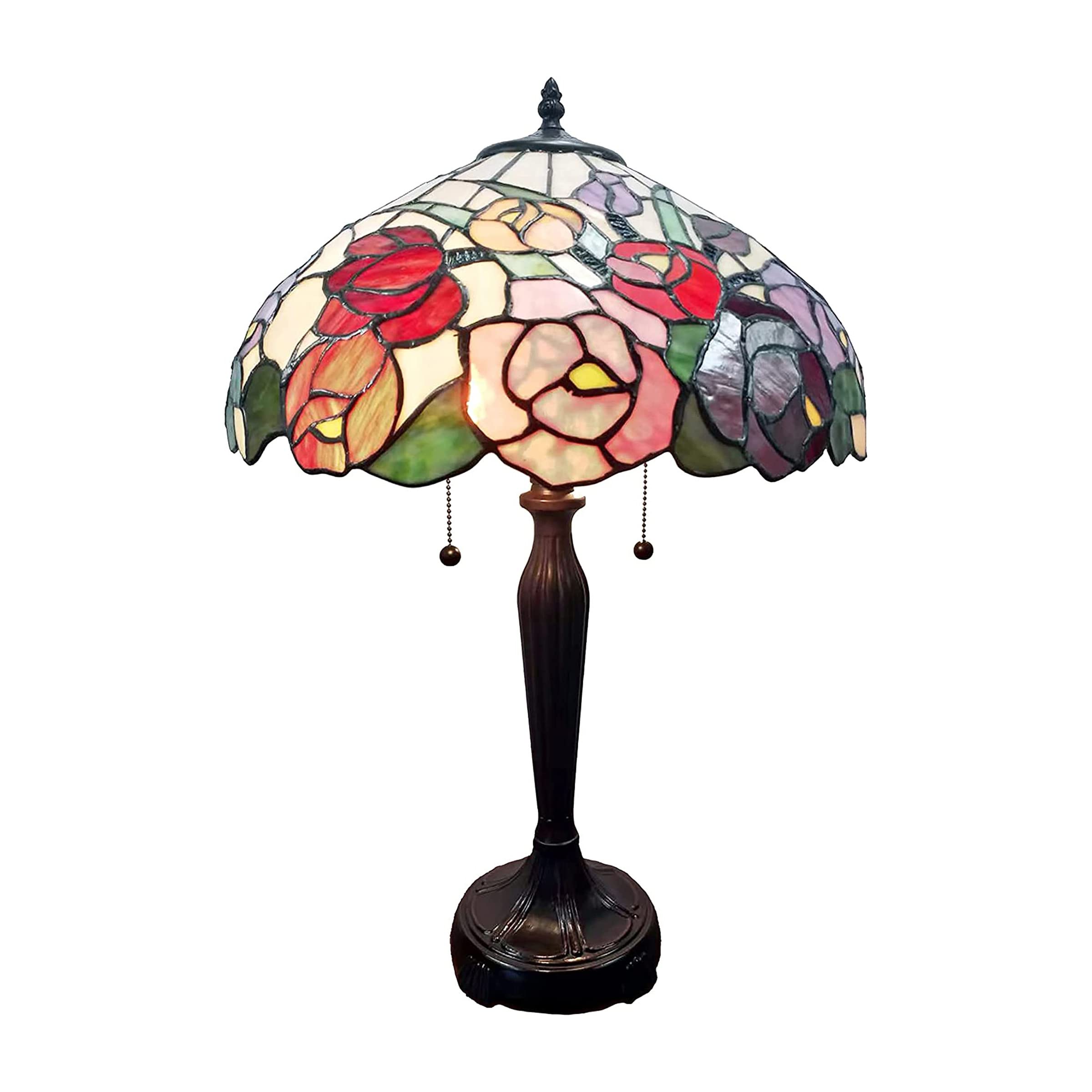 Vintage Tiffany Style Table Lamp with Multicolor Stained Glass Roses - 24