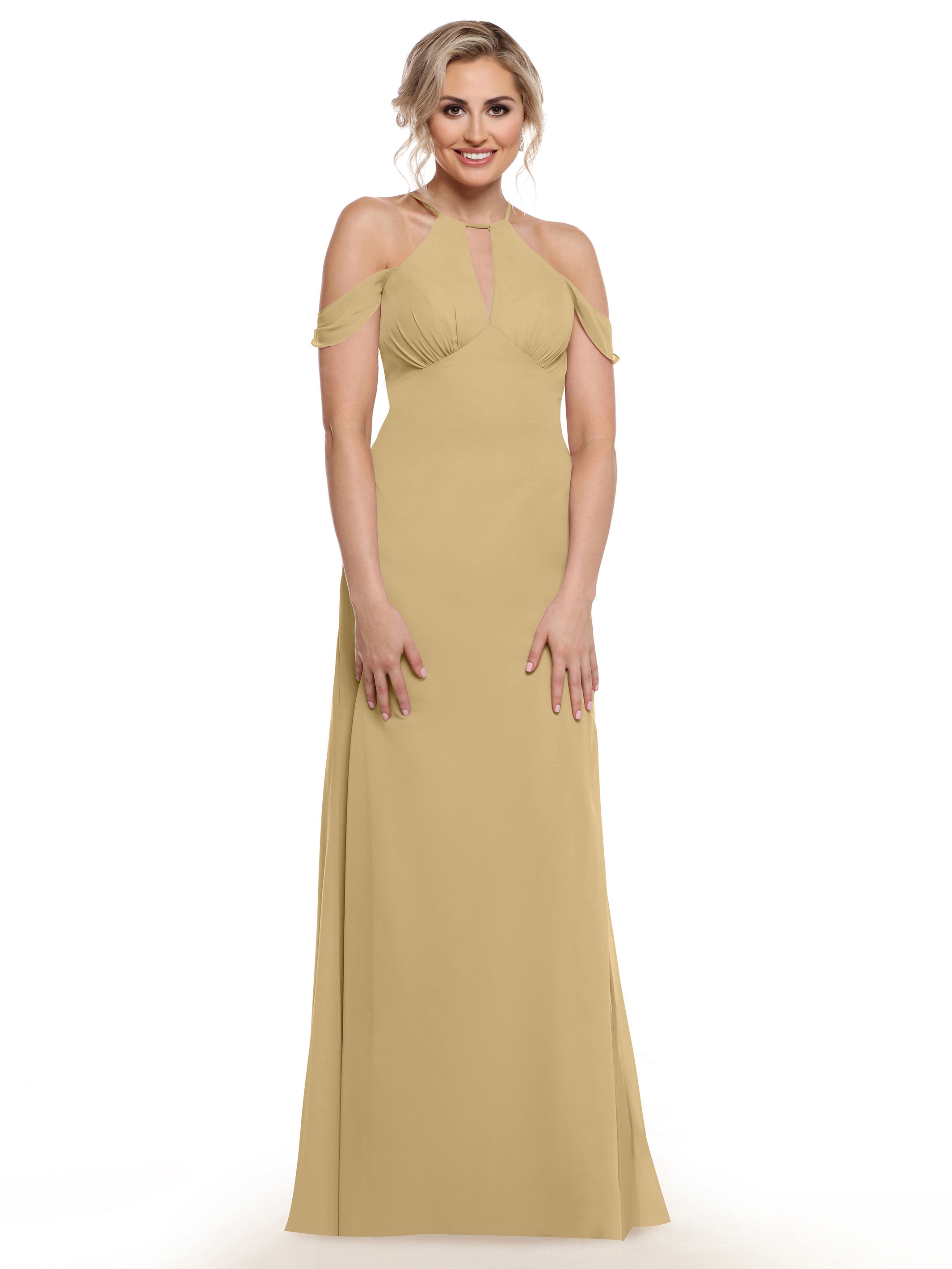 Elegant Off The Shoulder Chiffon Bridesmaid Dress with Halter Neckline - Perfect for Weddings, Formal Events & Special Occasions