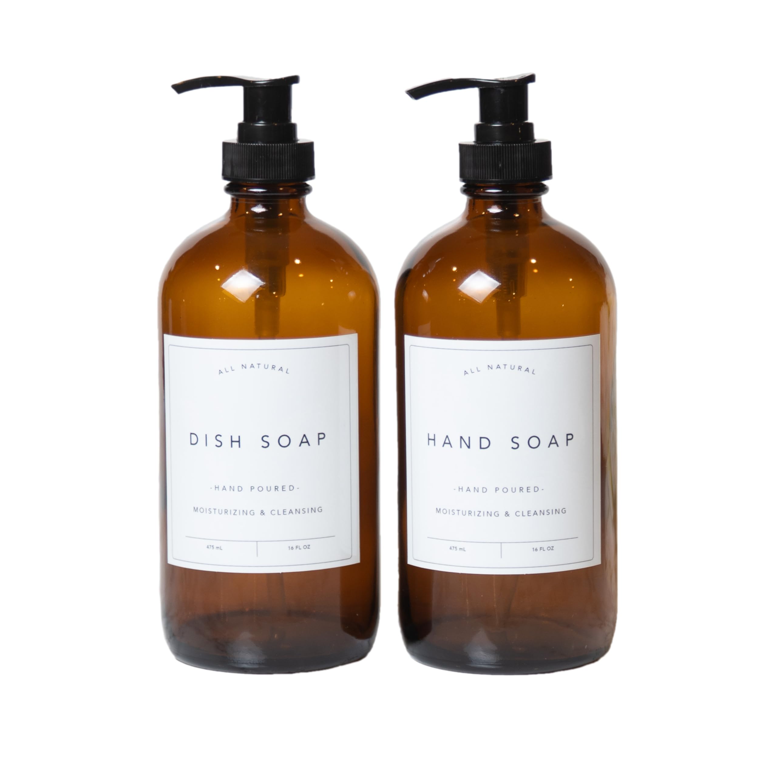 Modern Glass Hand & Dish Soap Dispenser Set - 2 Pack Amber Apothecary Style with Attached Labels | Elegant Kitchen Countertop Organizer for Bathroom, Kitchen Sink & Laundry Room