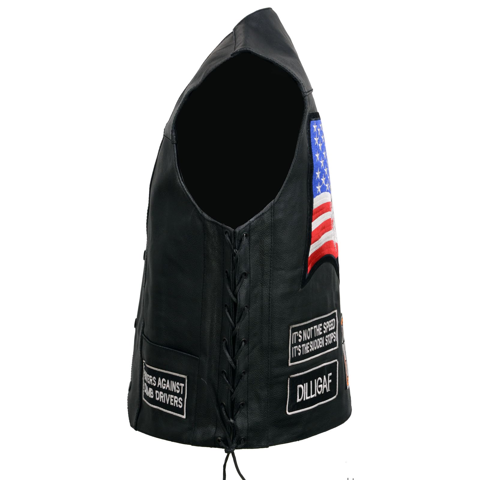 Men's Black Motorcycle Leather Vest w/Patches - Riding Club Gear for Bikers