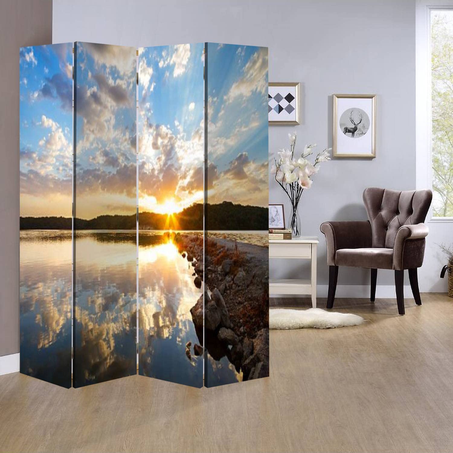 Wooden Folding Room Divider with Canvas Panels - 4-Panel Privacy Screen for Home & Office | Dual-Sided Rock Jetty Sunrise Design | Indoor Partition Wall & Display Shelf | Perfect for Living Rooms, Bedrooms, and Studio Spaces