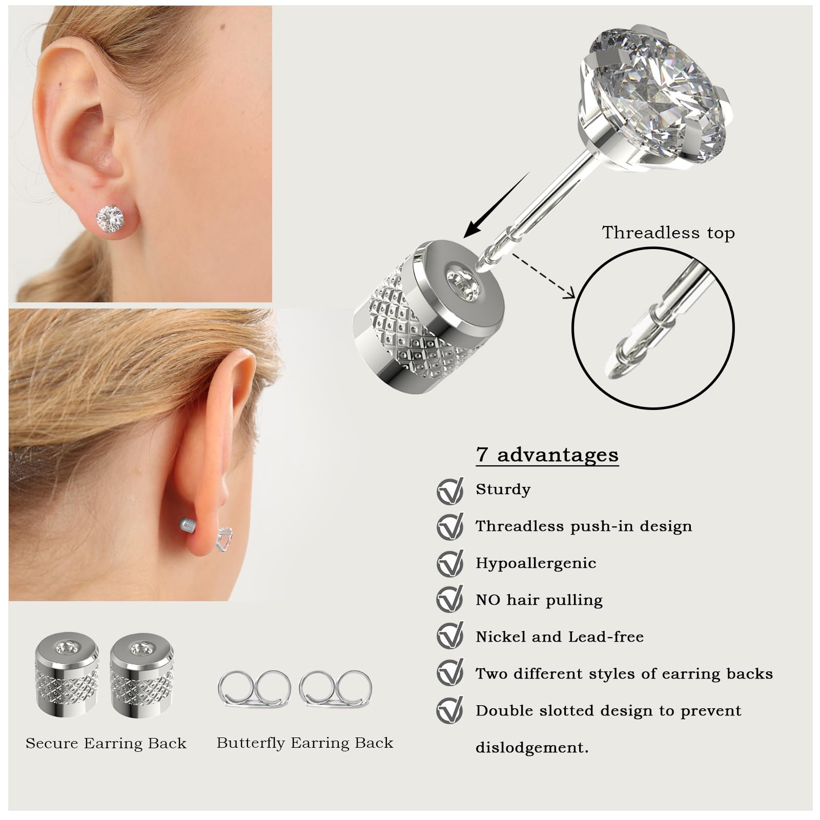 Hypoallergenic Surgical Stainless Steel Cubic Zirconia Stud Earrings - 5-6 Pairs Flat Back Push-in Earrings Set for Women & Men (2-8mm) | Trendy Cartilage & Lobe Piercing Jewelry for Daily Wear, Parties & Gifts