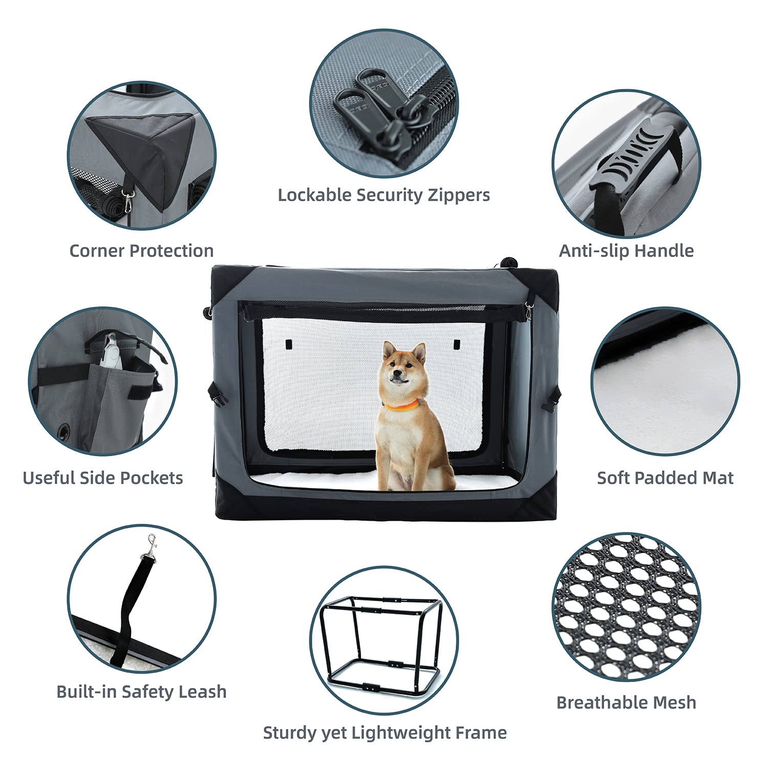 Pettycare 42 Inch Large Collapsible Dog Crate - 4-Door Foldable Soft Kennel with Chew Proof Mesh Windows for Indoor & Outdoor Use | Travel, Camping & Home Pet Carrier for Big Dogs
