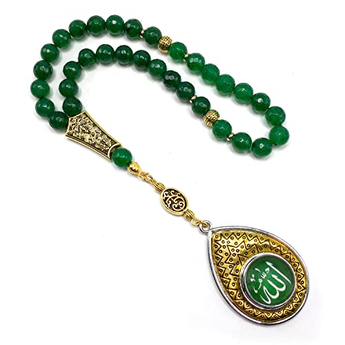 -Green Jade Faceted Natural Stone-ALLAH Tassel -8mm 33 beads-