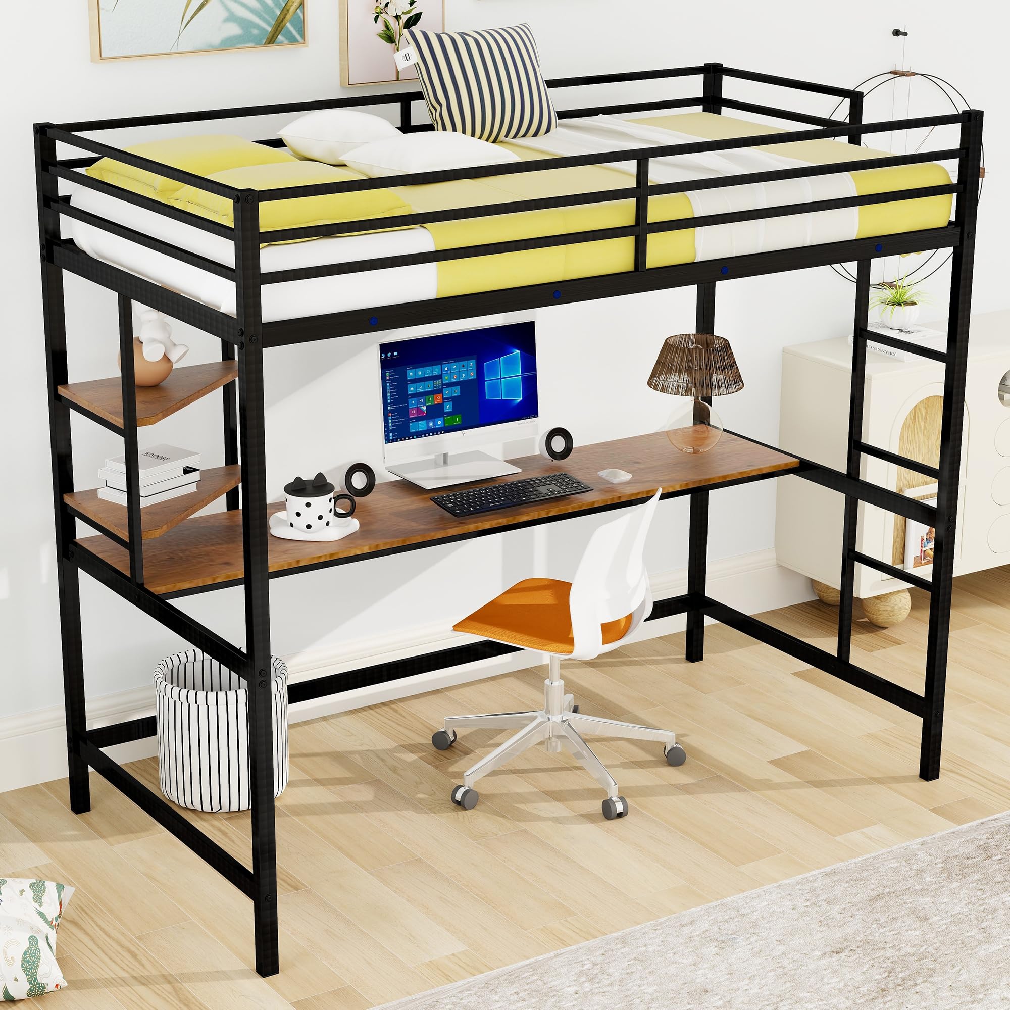 Twin Size Loft Bed with Desk & Storage - Heavy Duty Metal Frame with Safety Guardrail for Kids - Space Saving Black Loft Bed for Small Rooms & Dormitories - Perfect for Study, Sleep & Organization