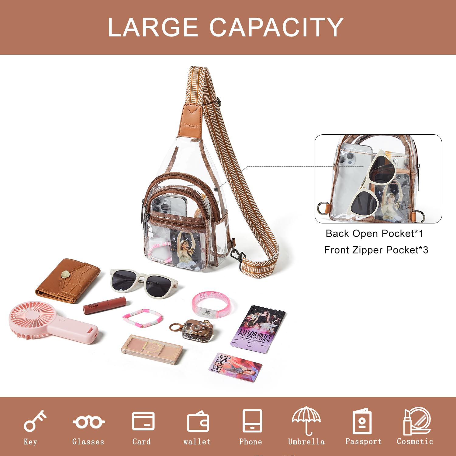 Leresas Clear Sling Bag - Stadium Approved Transparent Crossbody Purse for Women & Men - Lightweight Clear Backpack Fanny Pack for Concerts, Sports Events & Travel (Brown/See-Through) - Perfect for Security Checks, Theme Parks & Outdoor Adventures