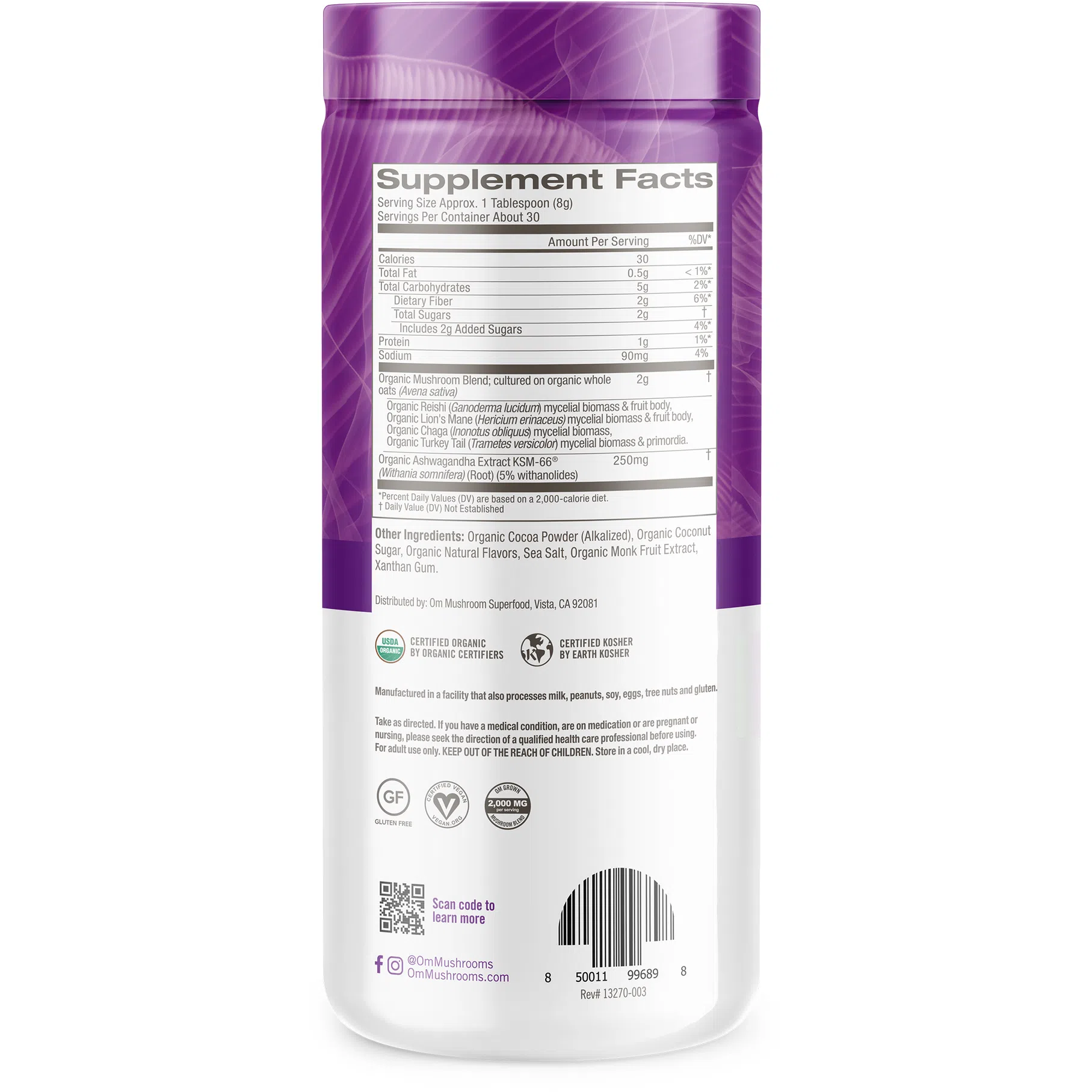 Organic Om Superfood Mushroom Blend Hot Chocolate Powder - Reishi, Chaga, Cordyceps for Immune Support & Relaxation - Perfect for Cold Weather, Morning Boost or Nighttime Wellness Drink