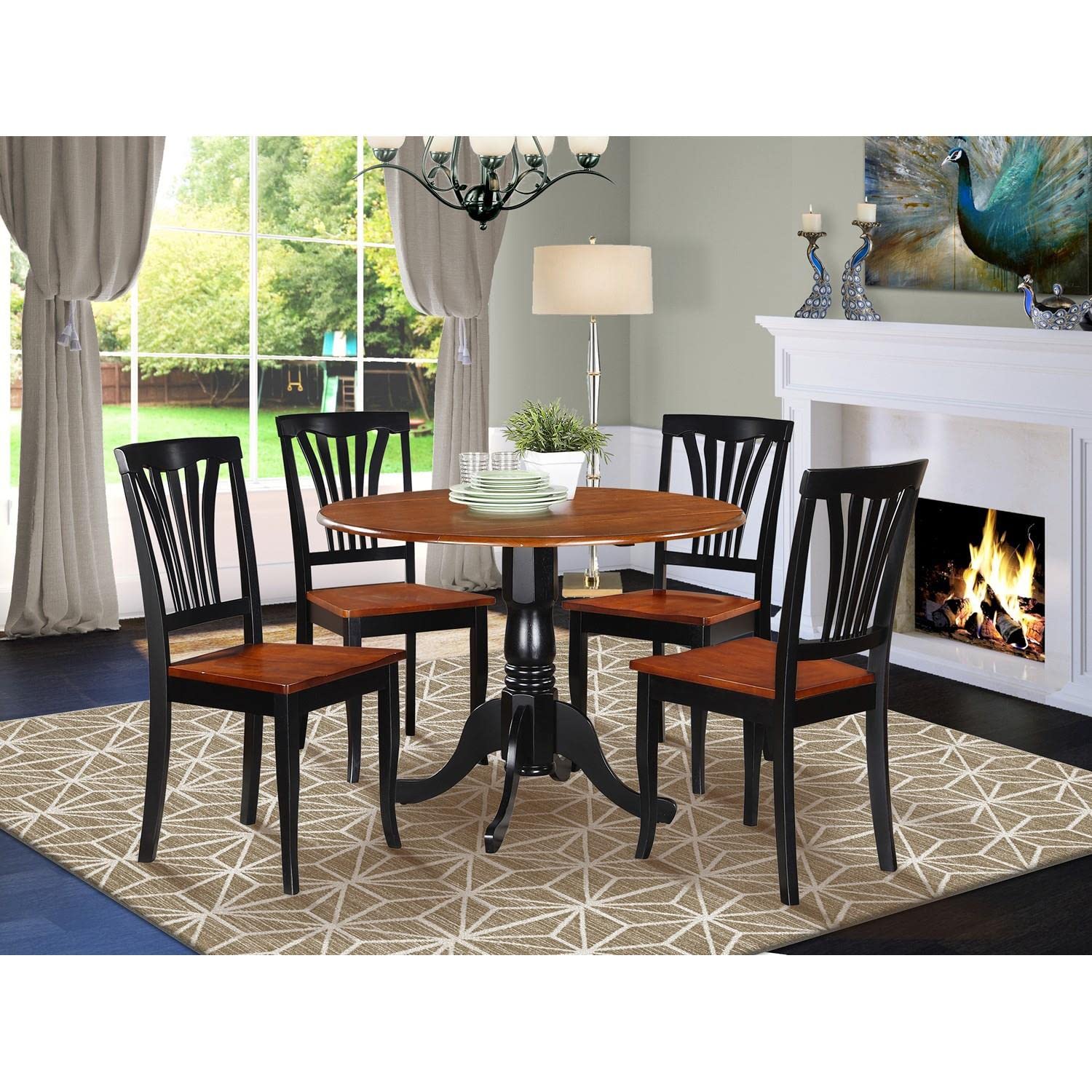 East West Furniture 5-Piece Dinette Set for 4 - Round Extendable Dining Table with Drop Leaf & 4 Chairs, 42x42 Inch, Buttermilk & Cherry Finish - Perfect for Small Kitchens, Breakfast Nooks & Cozy Dining Spaces