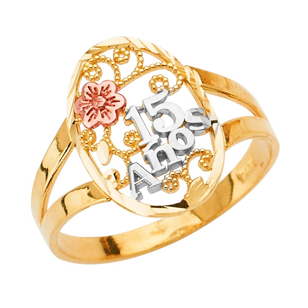 14K Solid Tri-Color Gold Sweet 15 Anos Flower Ring - Elegant Quinceañera Birthday Gift for Girls, Perfect for 15th Birthday Celebrations, Parties & Special Occasions