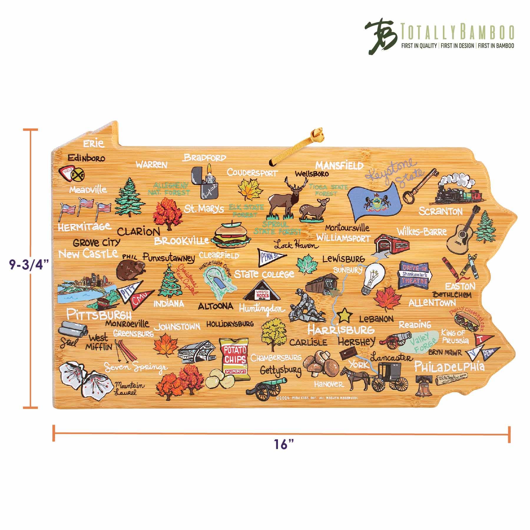 Handcrafted Pennsylvania Wood Cutting Board with Fish Kiss™ Artwork - Durable Kitchen Essential for Chopping, Serving & Decor
