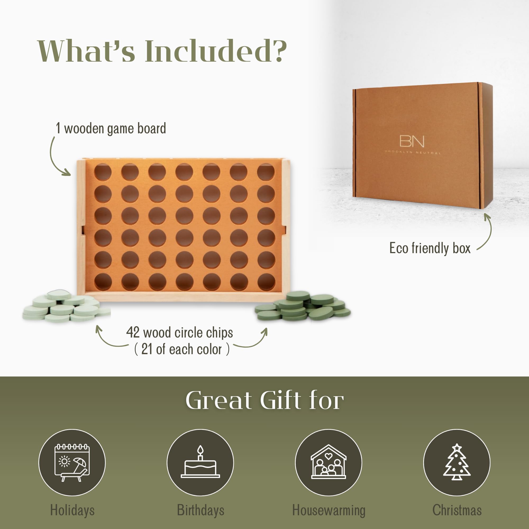 Neutral Wooden Four in a Row Game - Classic Two Player Strategy Board Game for Kids & Adults | Montessori Travel Toy, Coffee Table Decor & Housewarming Gift | Perfect for Family Game Nights, Travel Entertainment & Home Décor