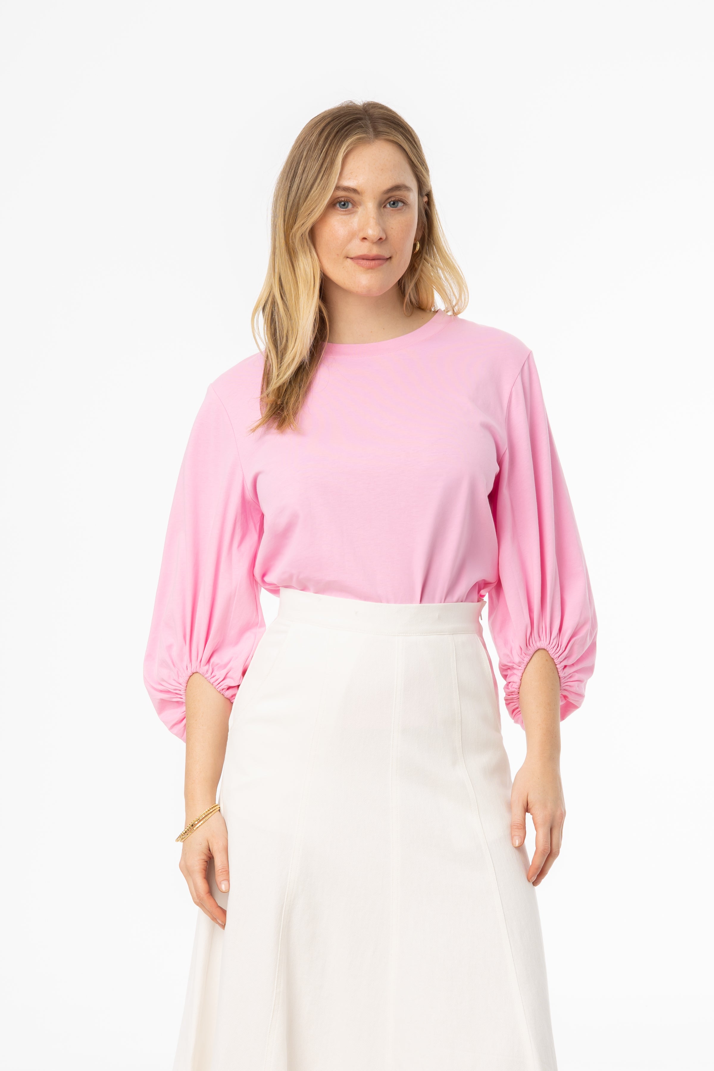 Pink Gathered Sleeve T-Shirt for Women - Soft Cotton Casual Tee for Everyday Wear | Perfect for Outfits, Dates & Summer Fashion