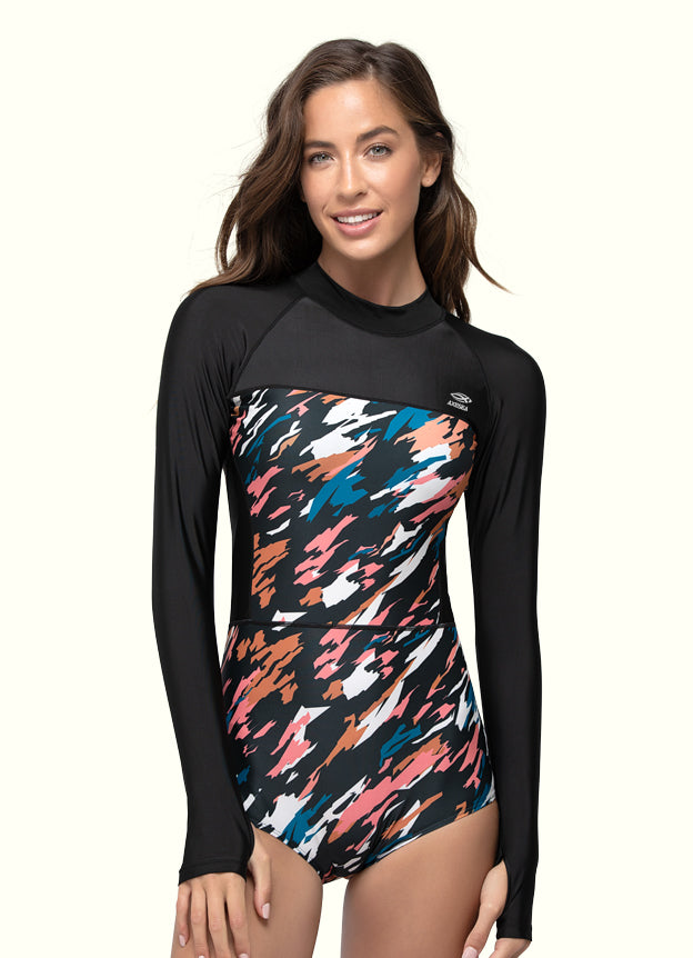 Women's Tides Back Zipper Long Sleeve One Piece Swimsuit - Sexy High Neck Bathing Suit for Beach, Pool & Water Sports
