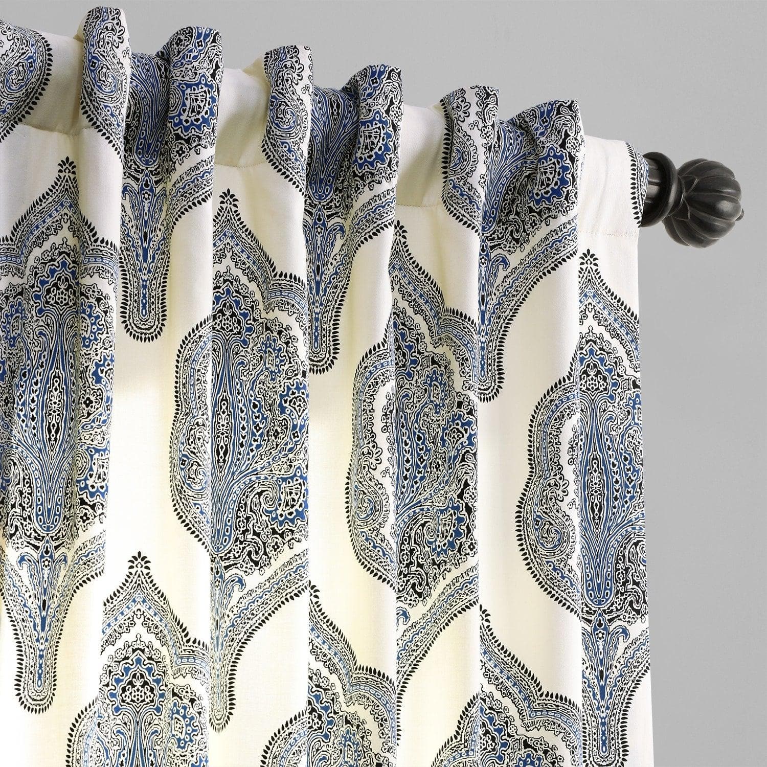Arabesque Blue Emblem Printed Cotton Blackout Curtains for Living Room & Bedroom - Elegant Window Treatment for Light Blocking & Privacy