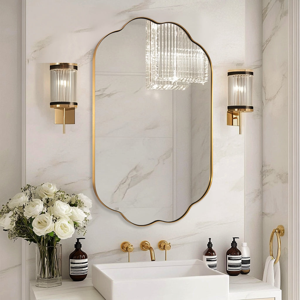 Contemporary Oval Scalloped Bathroom Vanity Mirror with Stainless Steel Frame - Elegant Wall Mirror for Modern Bathroom Decor, Powder Room, and Guest Bathroom
