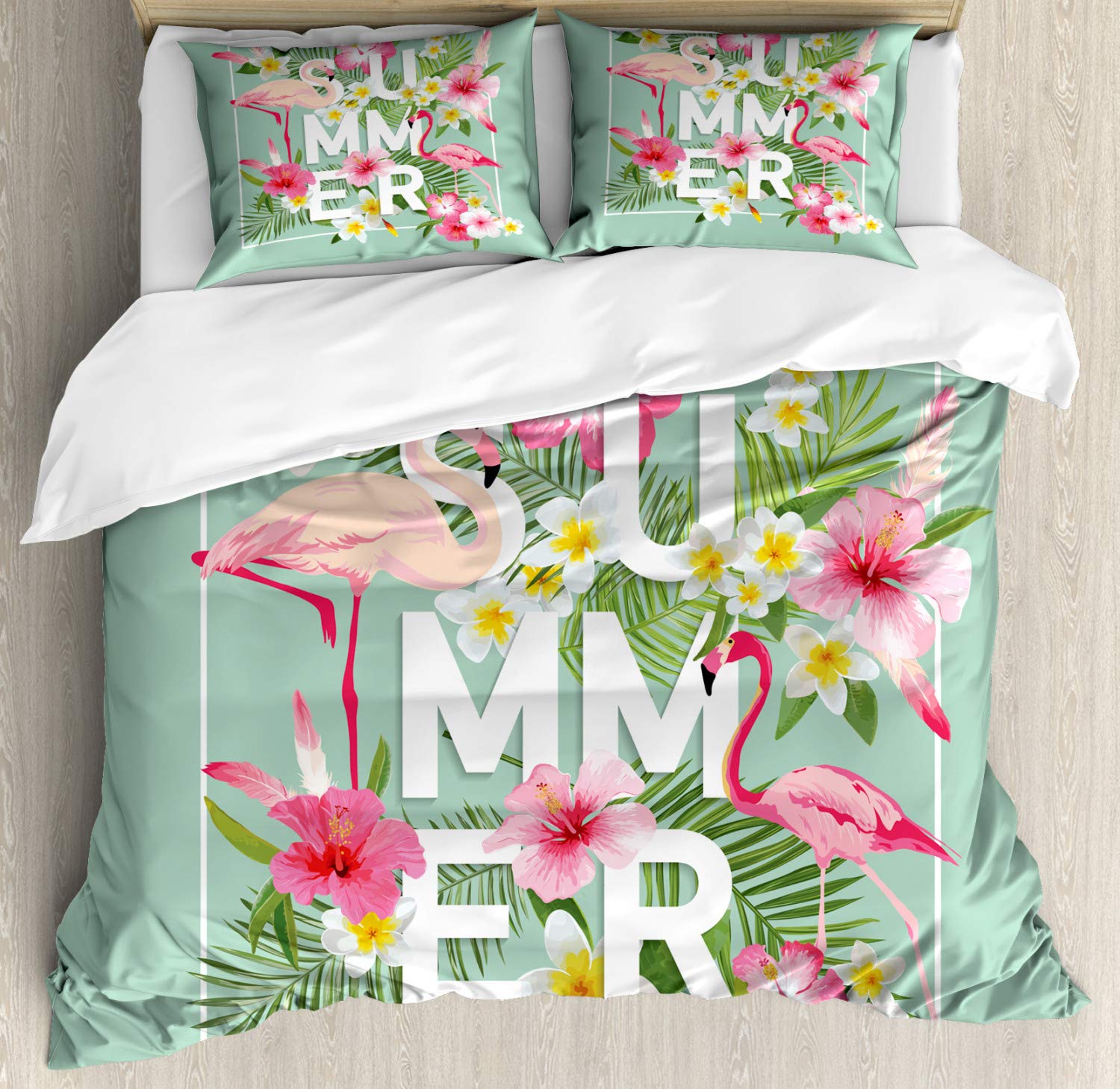 Ambesonne Floral Duvet Cover Set - Tropical Flowers with Flamingos Design, Retro Wedding Romance Petals Bedding Set (2 Duvet Covers + 4 Pillowcases), Queen Size 2-Pack in Mint Green & Pink - Perfect for Guest Rooms, Master Bedrooms & Tropical-Themed Decor