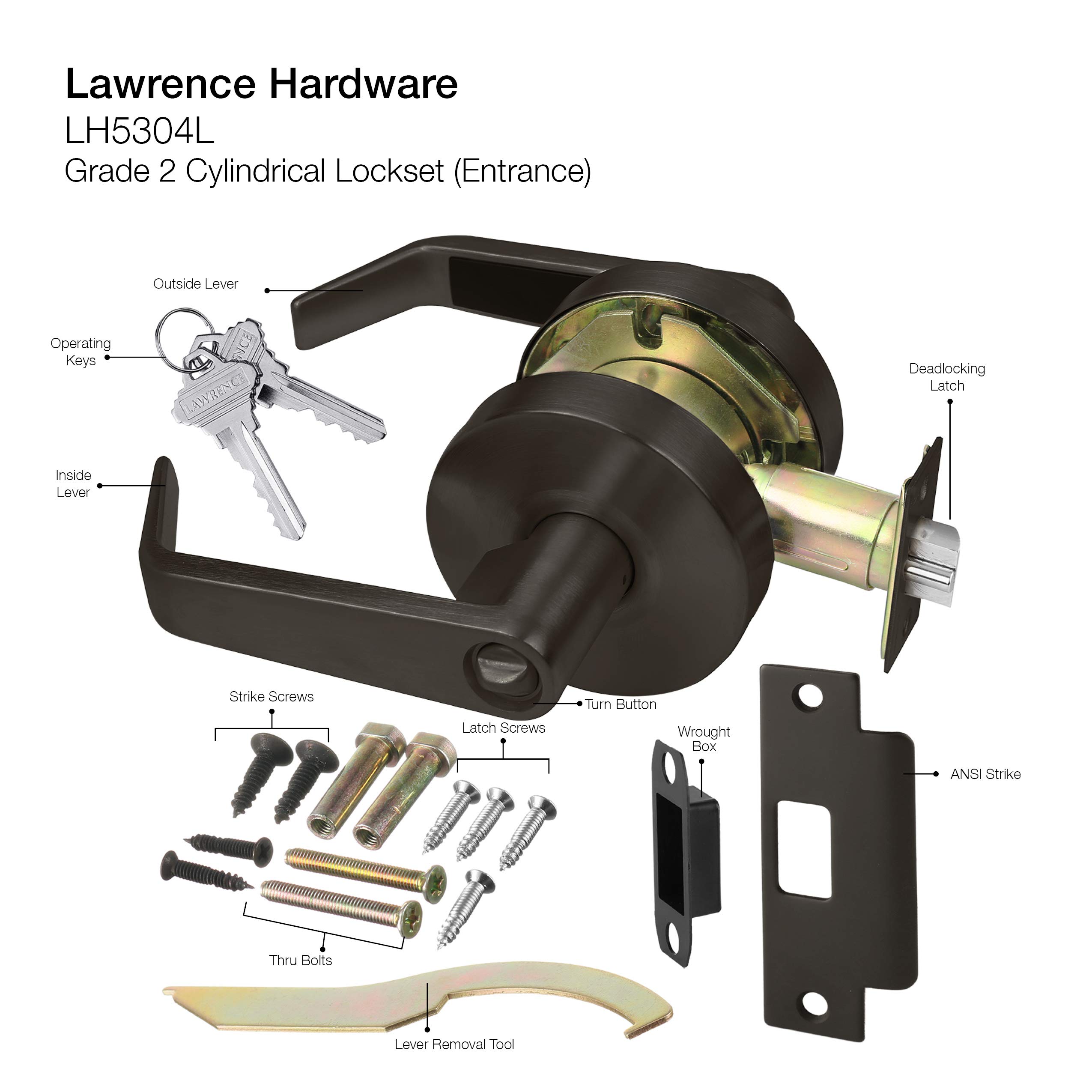 Heavy Duty Lawrence Commercial Lever Door Lock - Grade 2 Keyed Entry Handle with Lock & Key in Oil Rubbed Bronze - Secure Office, Retail & Warehouse Entrances
