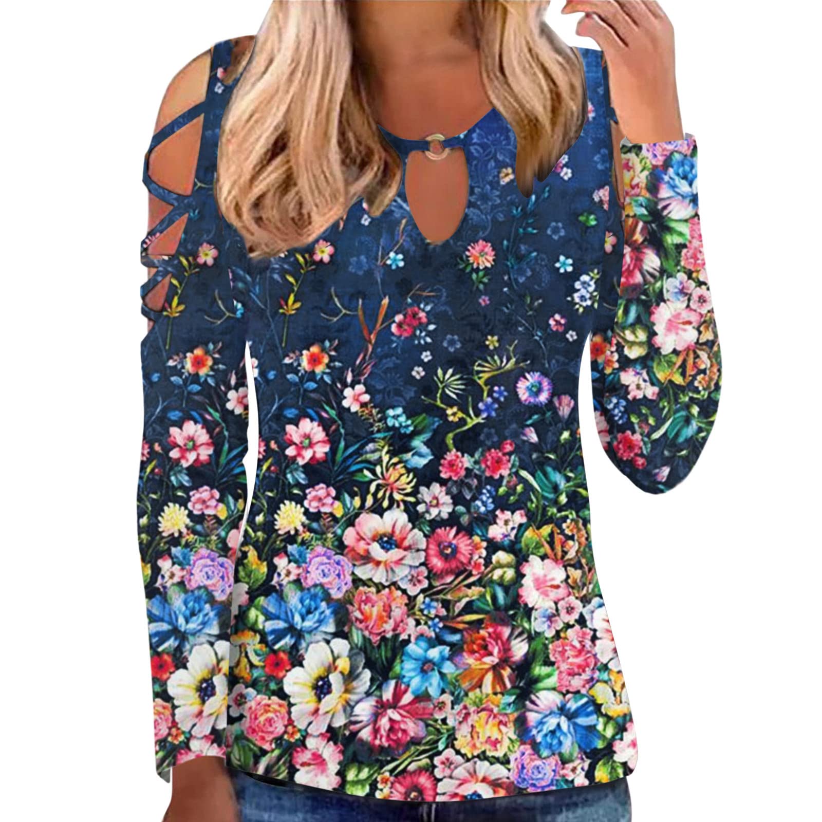 Sexy Women's Hollow Out Cold Shoulder T-Shirt - Summer Short Sleeve O-Neck Blouse, Loose Comfortable Lightweight Casual Top (Navy, Size L) | Perfect for Beach Outings, Date Nights & Summer Vacations