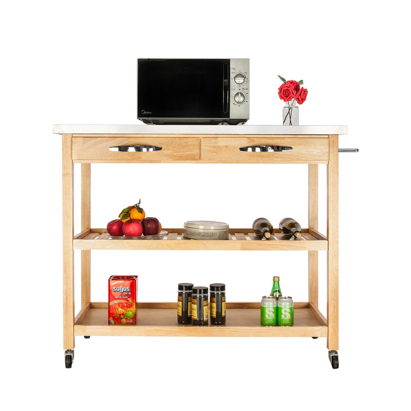 Mytunes Mobile Kitchen Cart with Stainless Steel Top, 2 Drawers & 2 Shelves - Burlywood Beige | Rolling Kitchen Island for Small Spaces, Pantry Storage & Food Prep Station