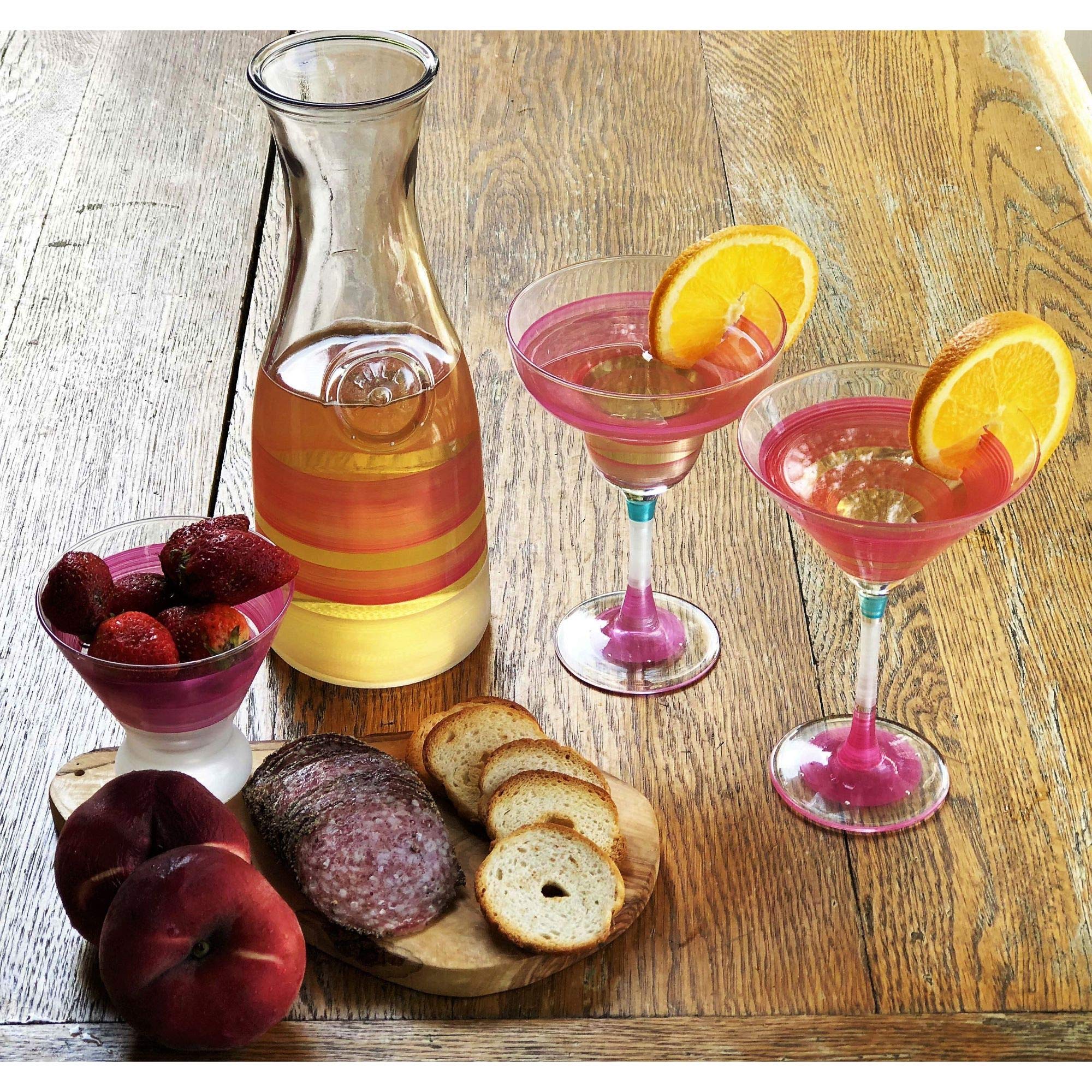 Vintage Pink Striped Hand-Painted Martini Glasses Set of 2 - 7.5 oz Cocktail Cups for Home Bar, Dinner Parties & Retro-Themed Events