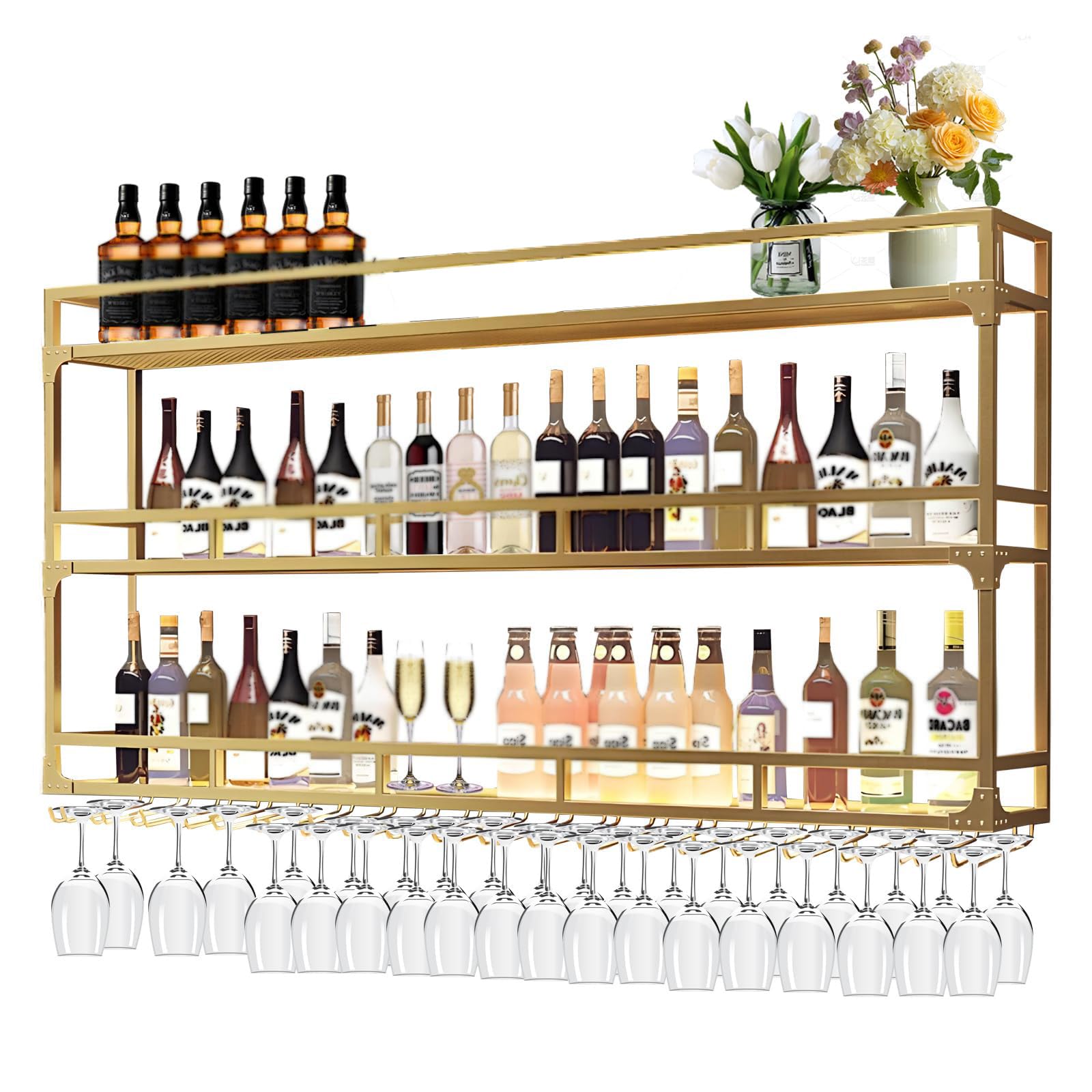 Metal Wall Mounted Wine Rack with Glass Holder - 59x10x35.5 Inch Gold Bar Bottle Display Shelf for Home, Bar, Cafe & Dining Room Decor - Perfect for Wine Storage, Entertaining Guests & Space-Saving Organization