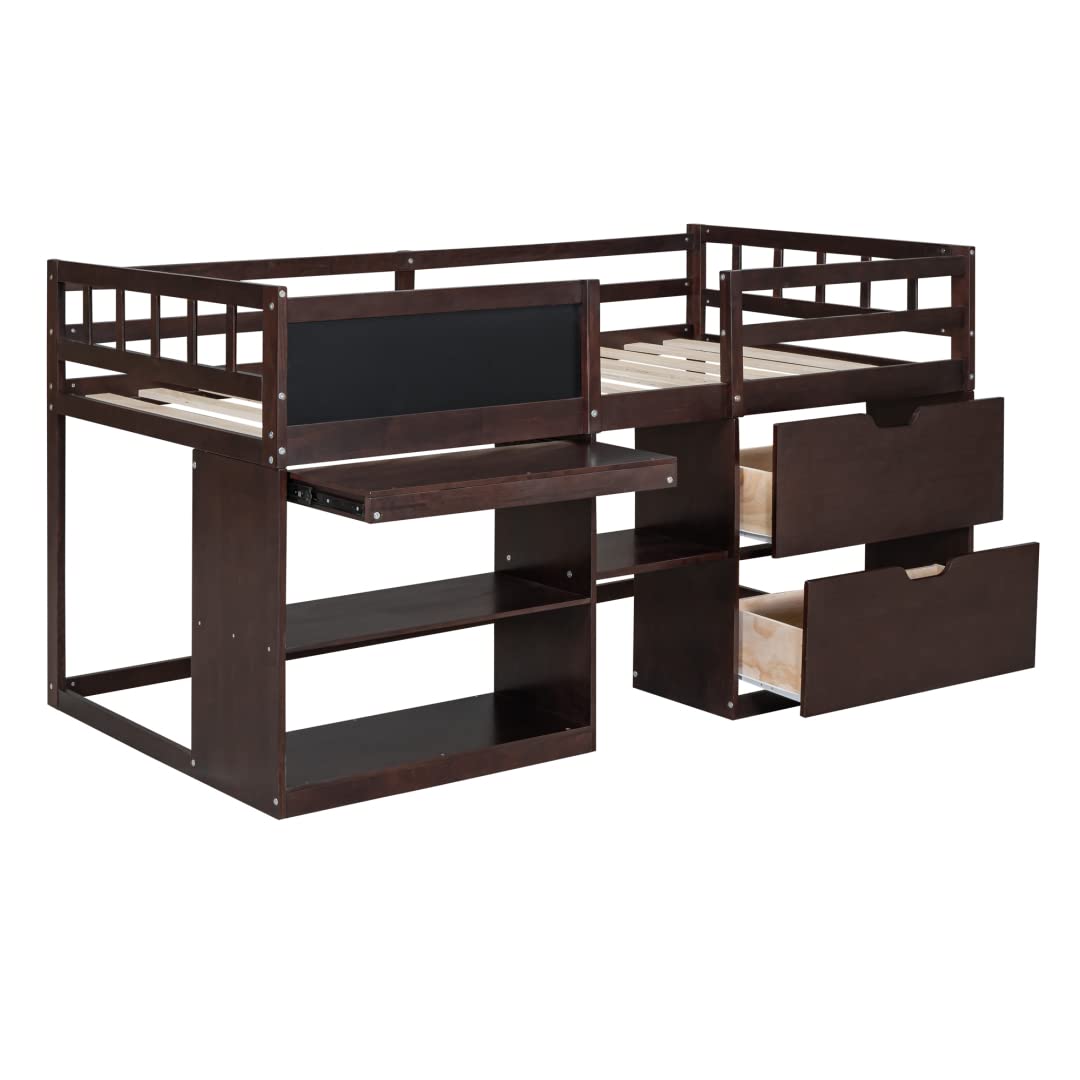 Twin Size Loft Bed with Rolling Desk & Storage - Low Loft Bed Frame with 2 Drawers, Open Shelves & Blackboard for Kids - Space-Saving Wood Bed for Boys & Girls (Espresso) - Perfect for Small Bedrooms, Dorm Rooms & Kids' Study Areas
