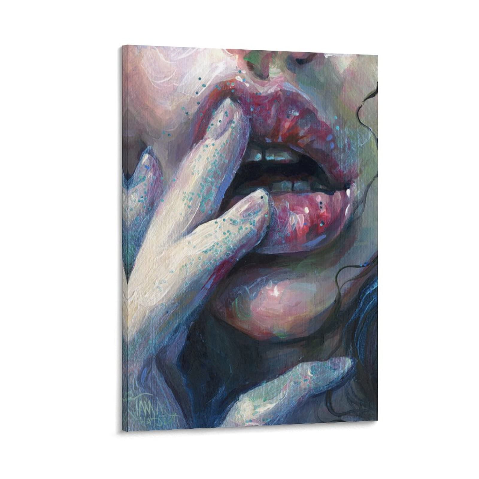 Girl Hand and Lips Aesthetic Canvas Wall Art Poster - 24x36 Inch (60x90cm) Framed Wall Painting for Bedroom Decor, Teen Room Aesthetic & Unique Gift Ideas
