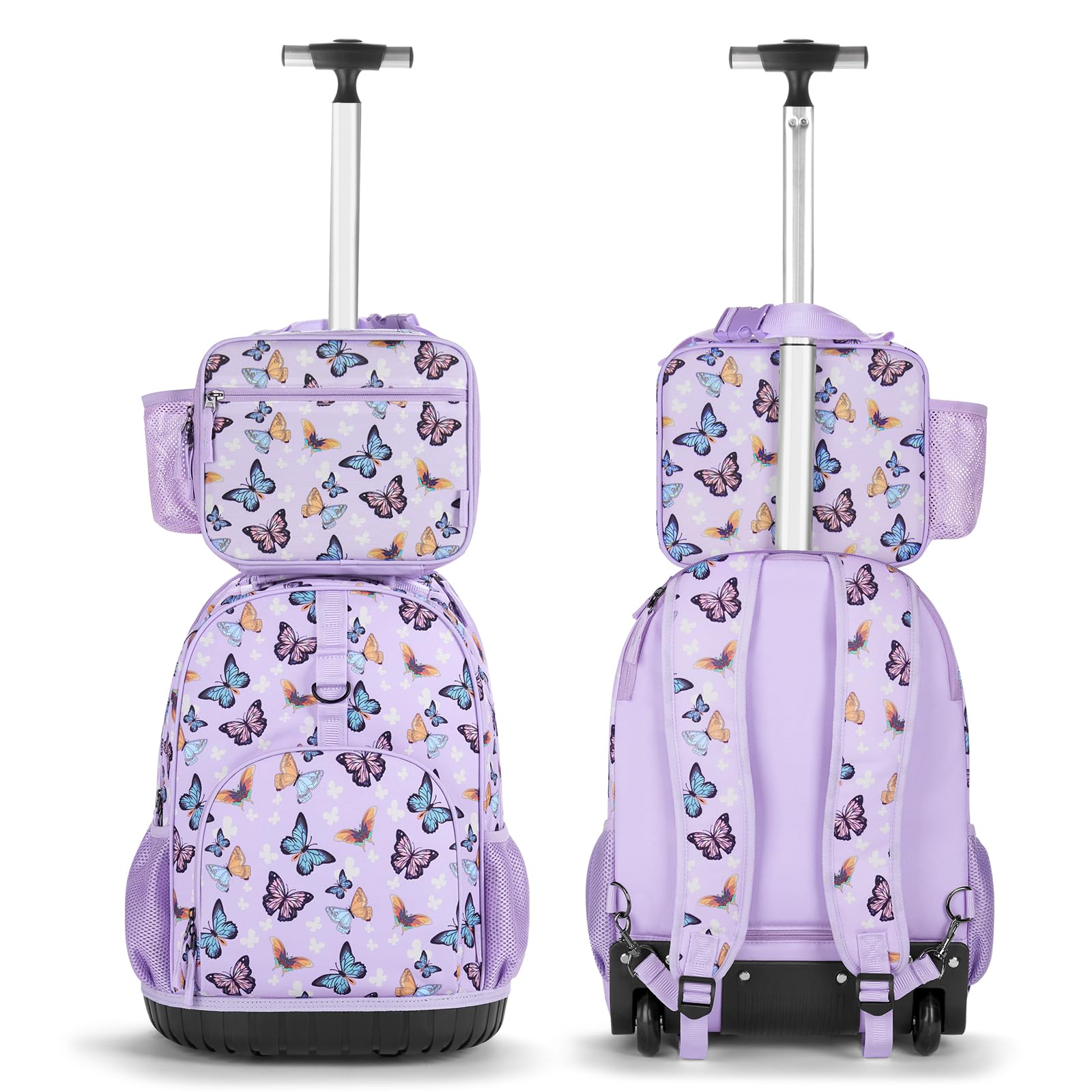 Choco Mocha 18 Inch Rolling Backpack for Girls - Kids Wheeled School Bookbag with Matching Lunch Box Set | Butterfly Purple Design | Perfect for Elementary School, Travel & Daily Use