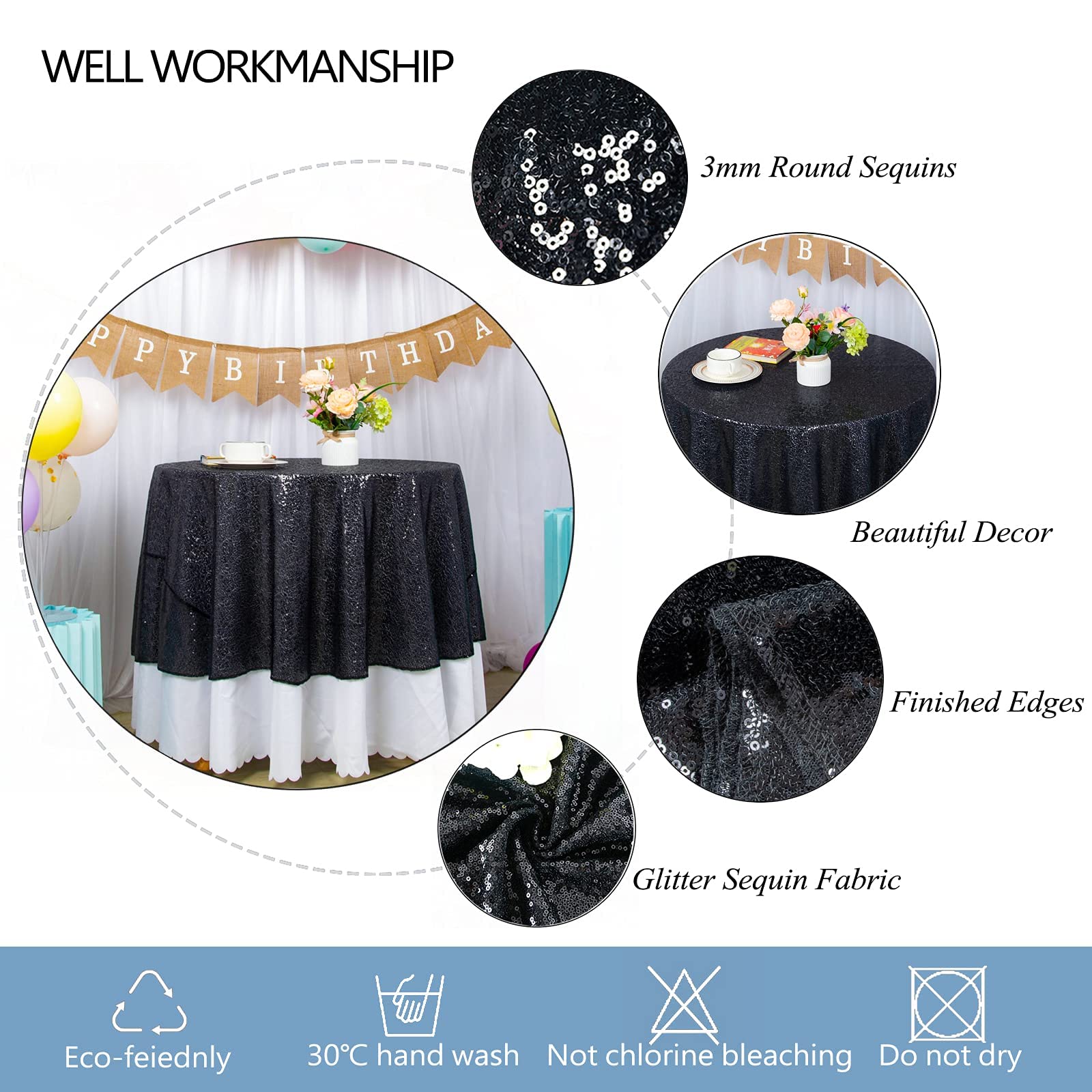 DUOBAO 60 Inch Round Sequin Tablecloth - Black Glitter Table Cover for Birthday, Wedding, Christmas Party Decorations | Perfect for Dining Tables, Banquets & Holiday Celebrations