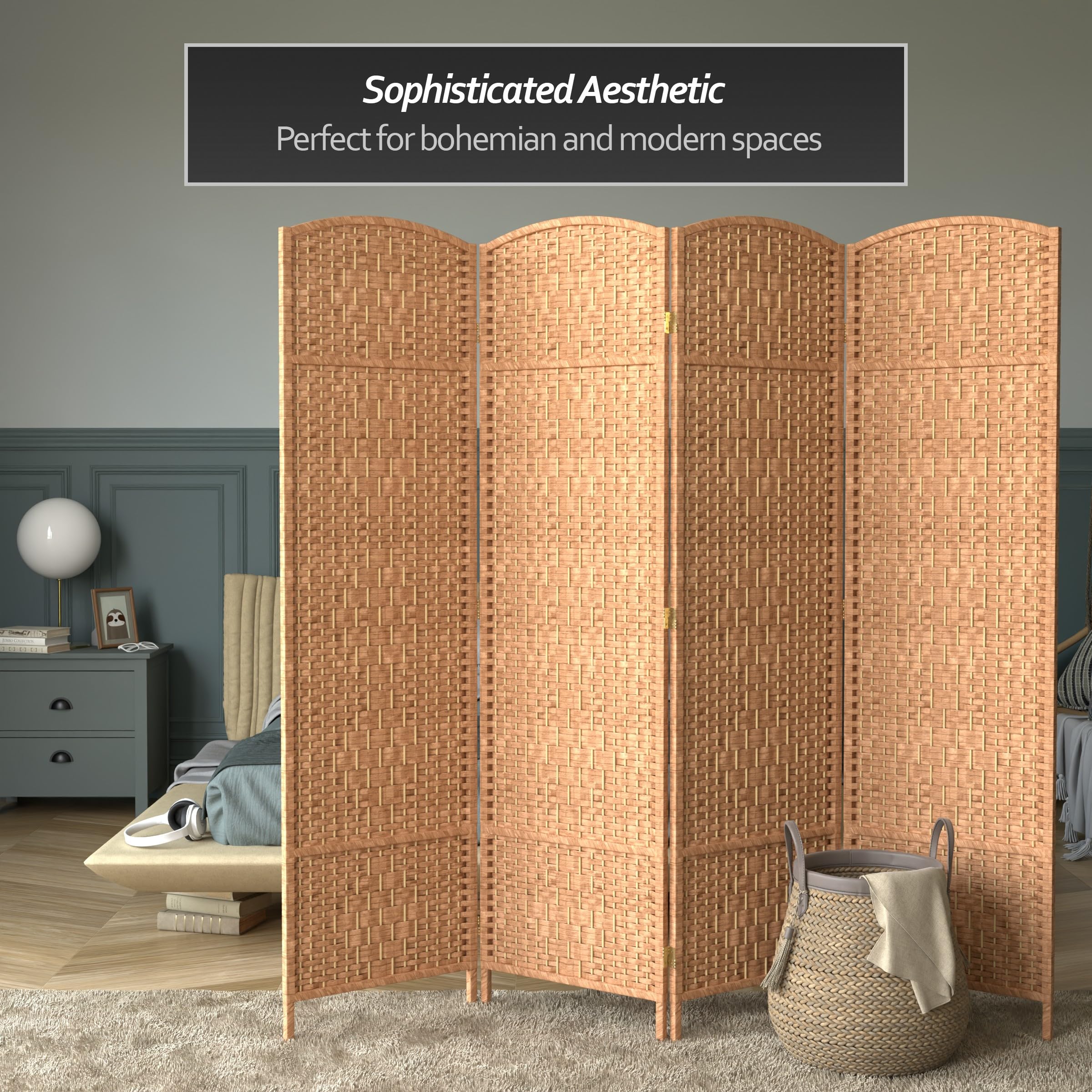 6 ft. Tall Red Diamond Weave Fiber Room Divider - Natural 4-Panel Folding Screen for Home, Office, and Outdoor Privacy Partition