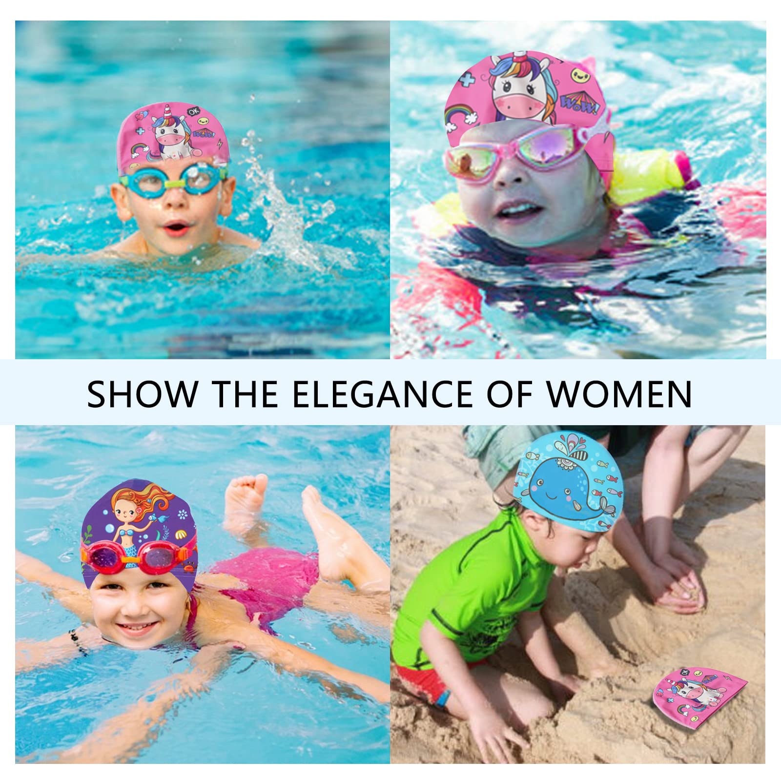 3 Pack Waterproof Swim Caps for Kids - Cartoon Design Bathing Caps for Girls & Boys with Long or Short Hair - Ideal for Swimming Lessons, Pool Parties & Beach Activities